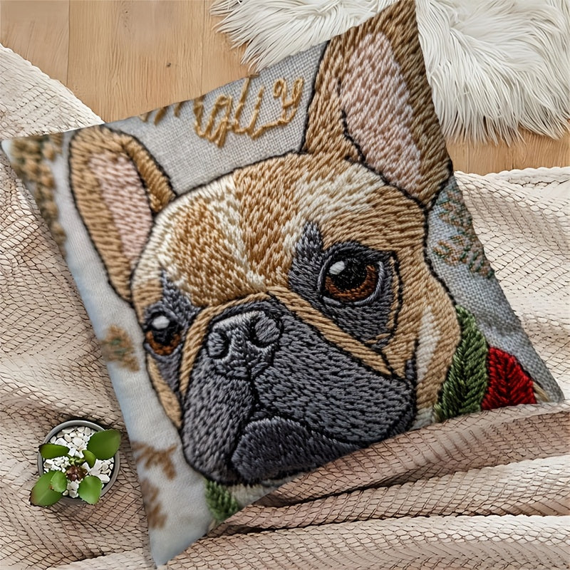 Funda de Cojín Bordado Bulldog Francés, 18x18 Pulgadas