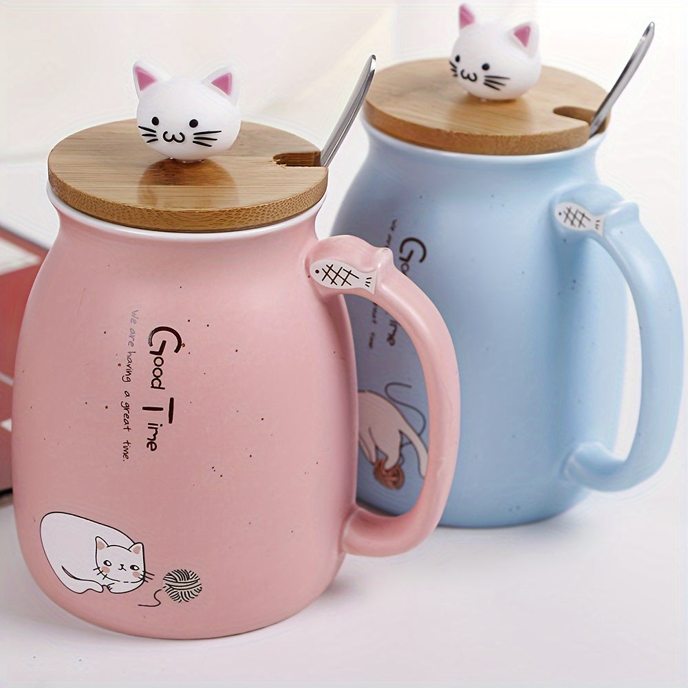 Taza de Cerámica con Tapa y Cuchara, 420ml, Diseño de Gato