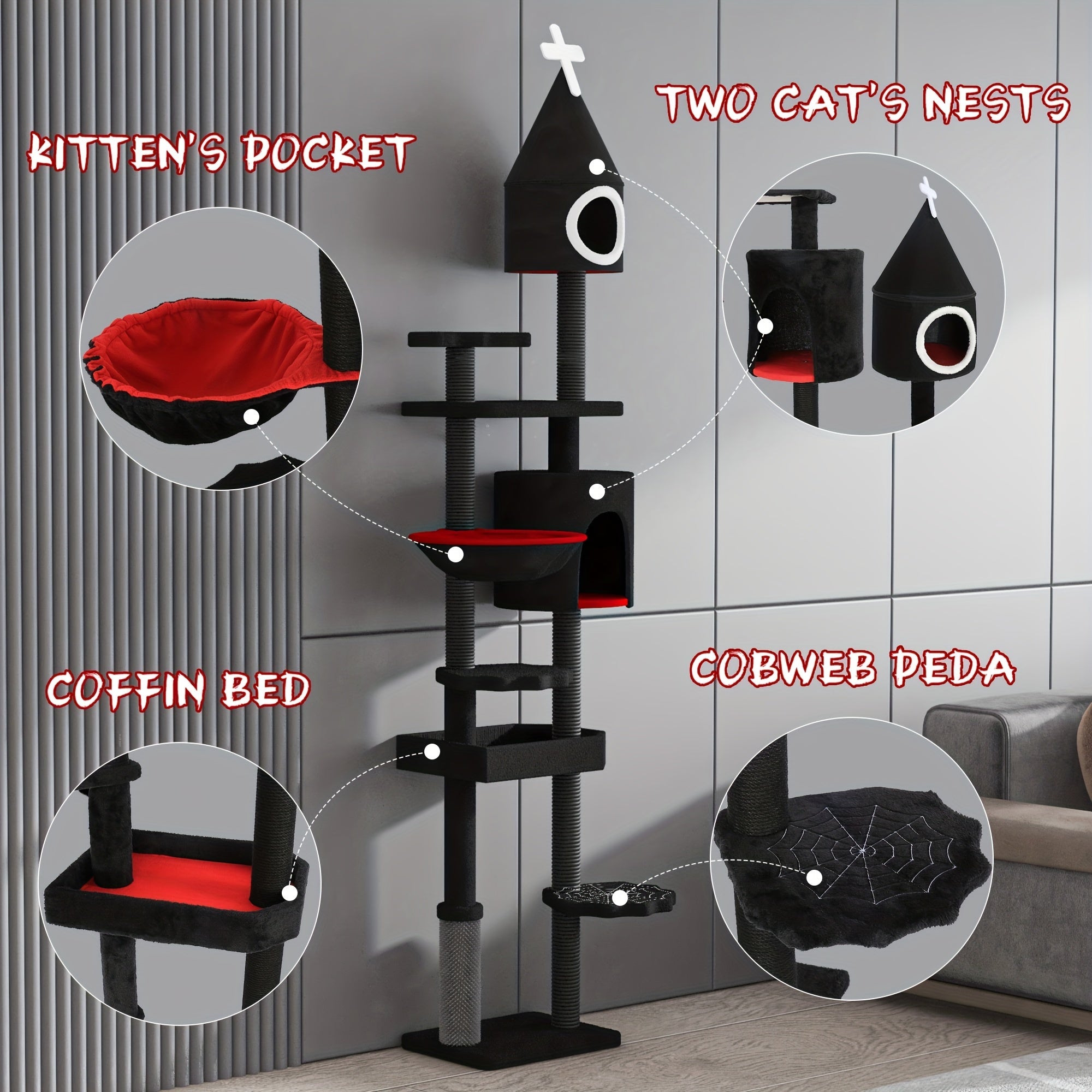 Árbol Rascador Gótico Grande para Gatos, 2 Niveles, Negro