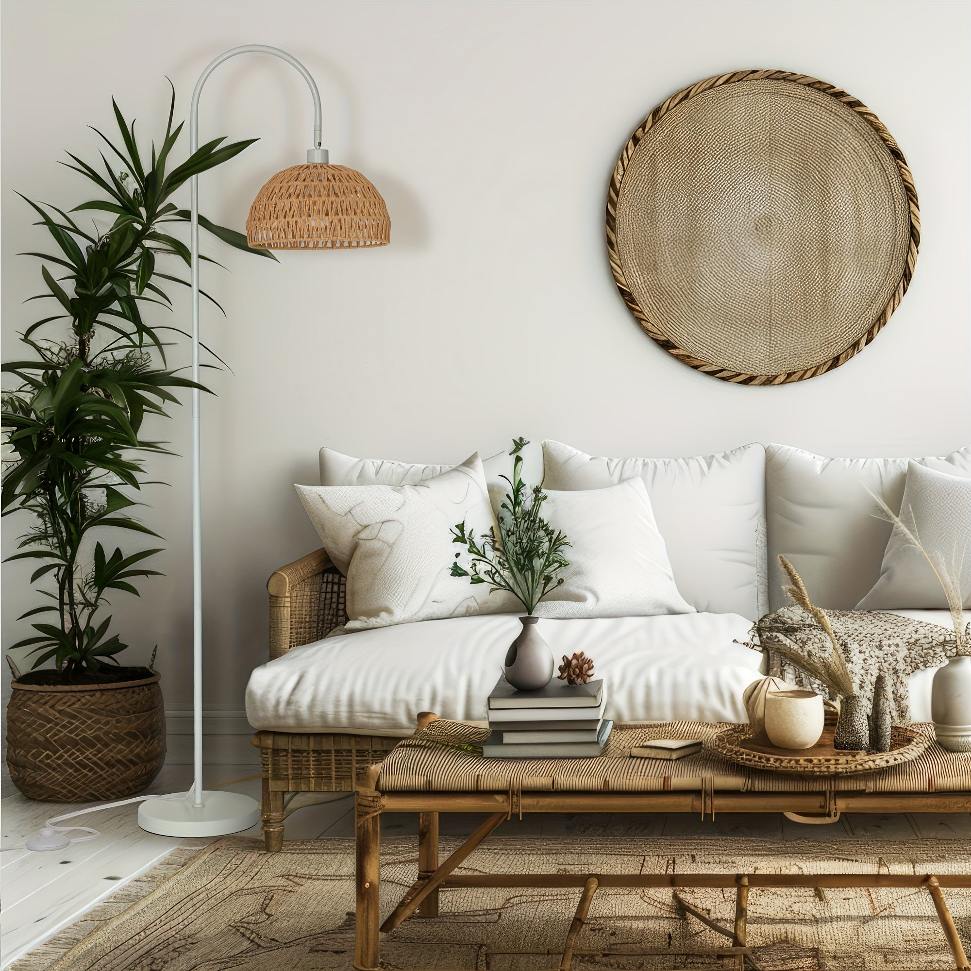 Lámpara de Pie Boho con Pantalla de Ratán Natural