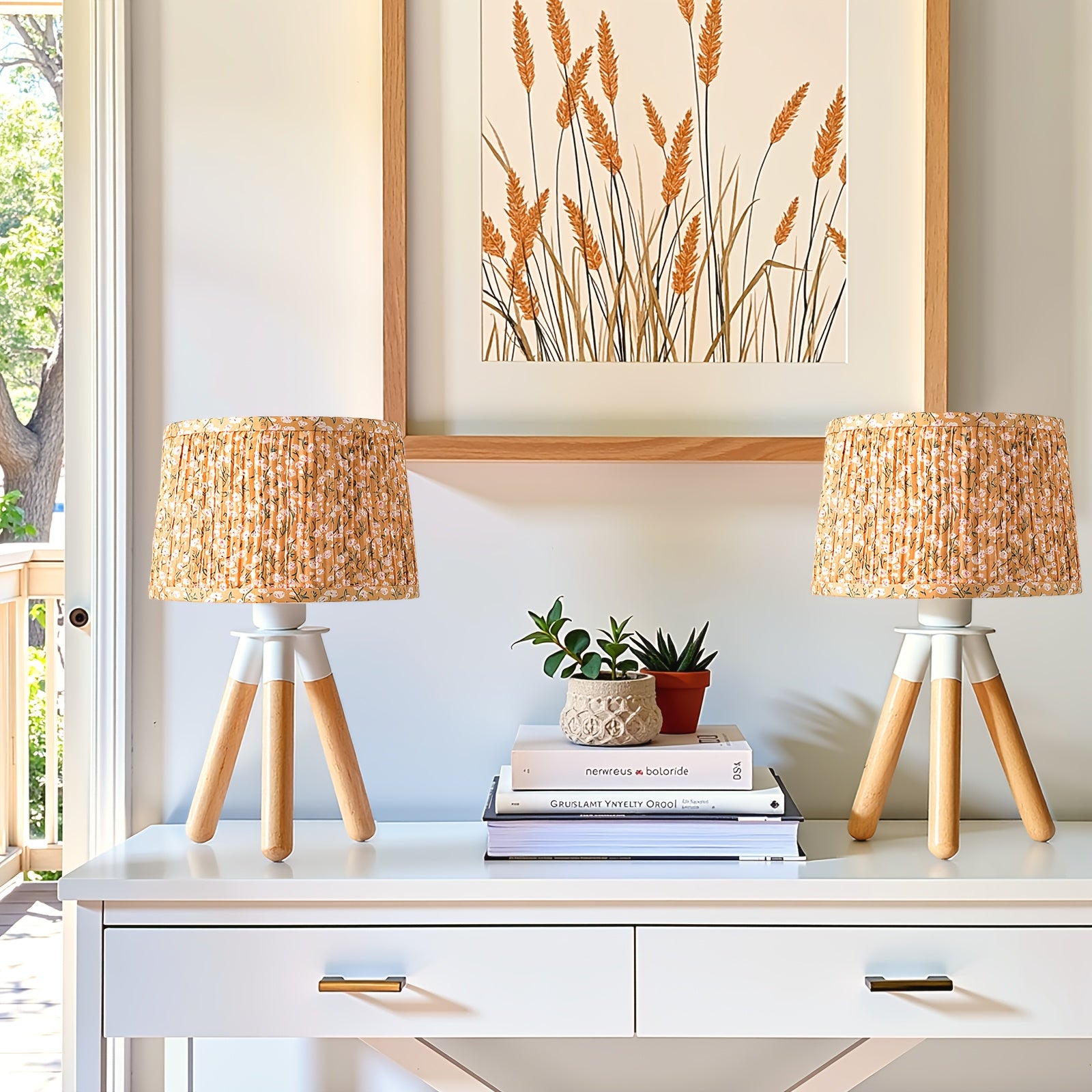 Lámpara de Mesa Trípode de Madera con Pantalla Floral Verde, 14 Pulgadas