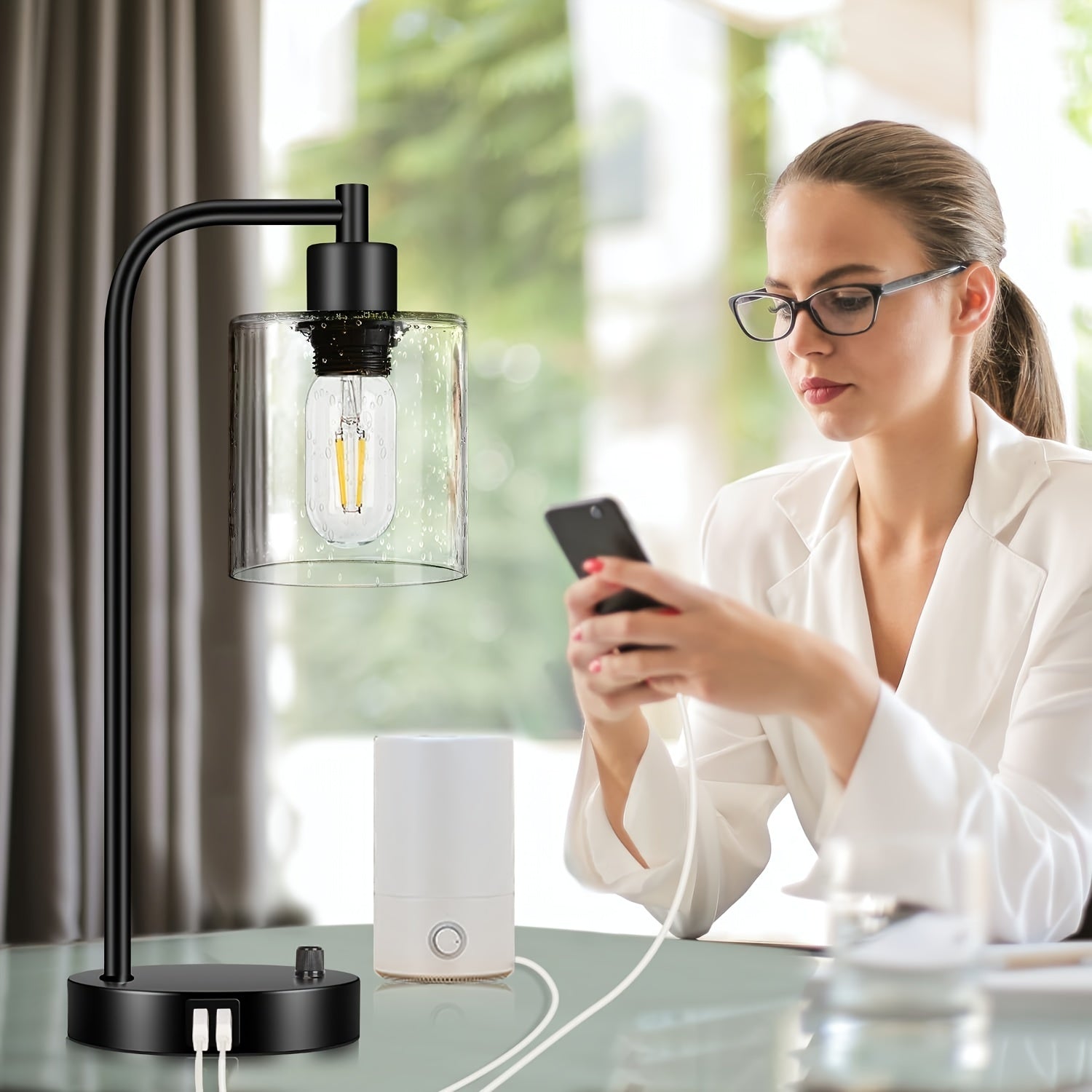 Set de 2 Lámparas de Mesa Industriales con USB y Regulador de Intensidad