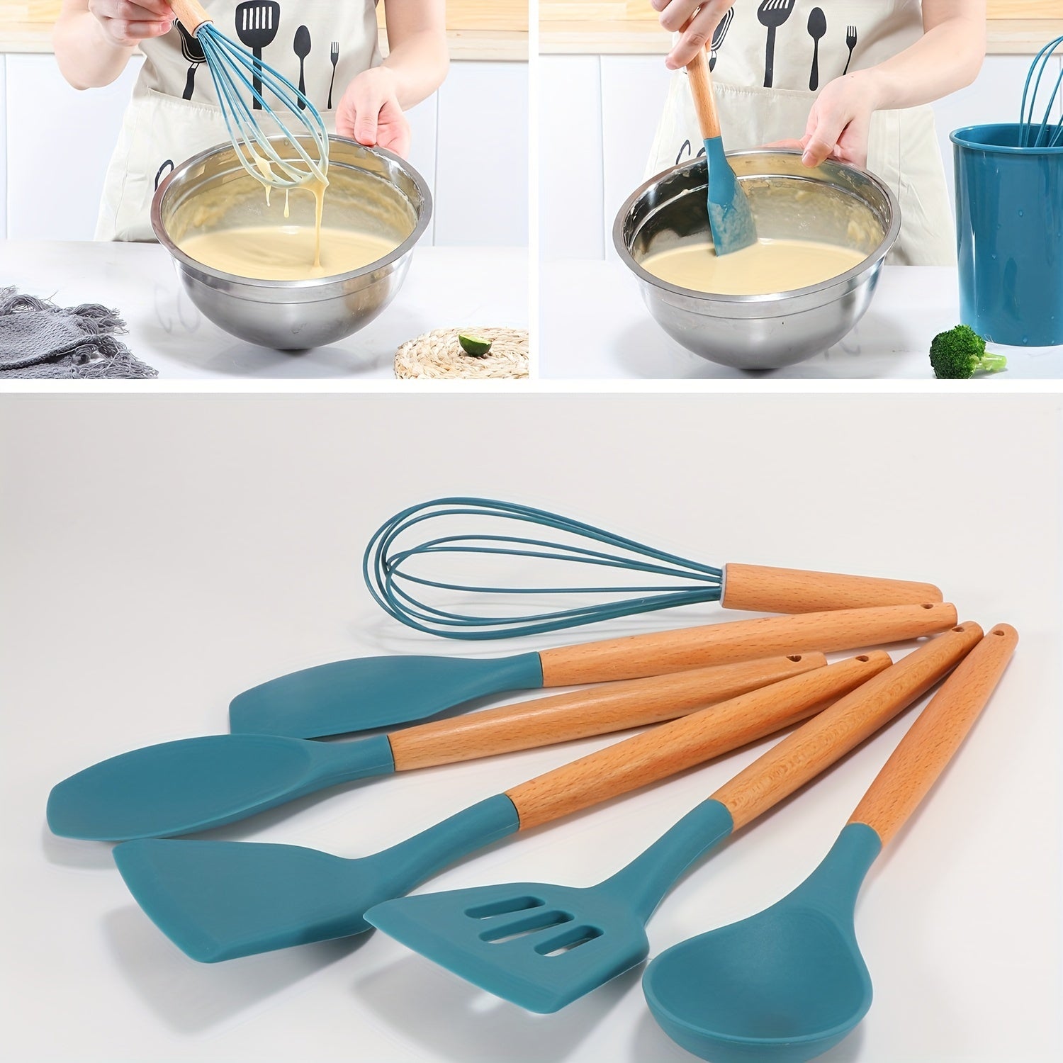Set de Utensilios de Cocina de Silicona con Mango de Madera
