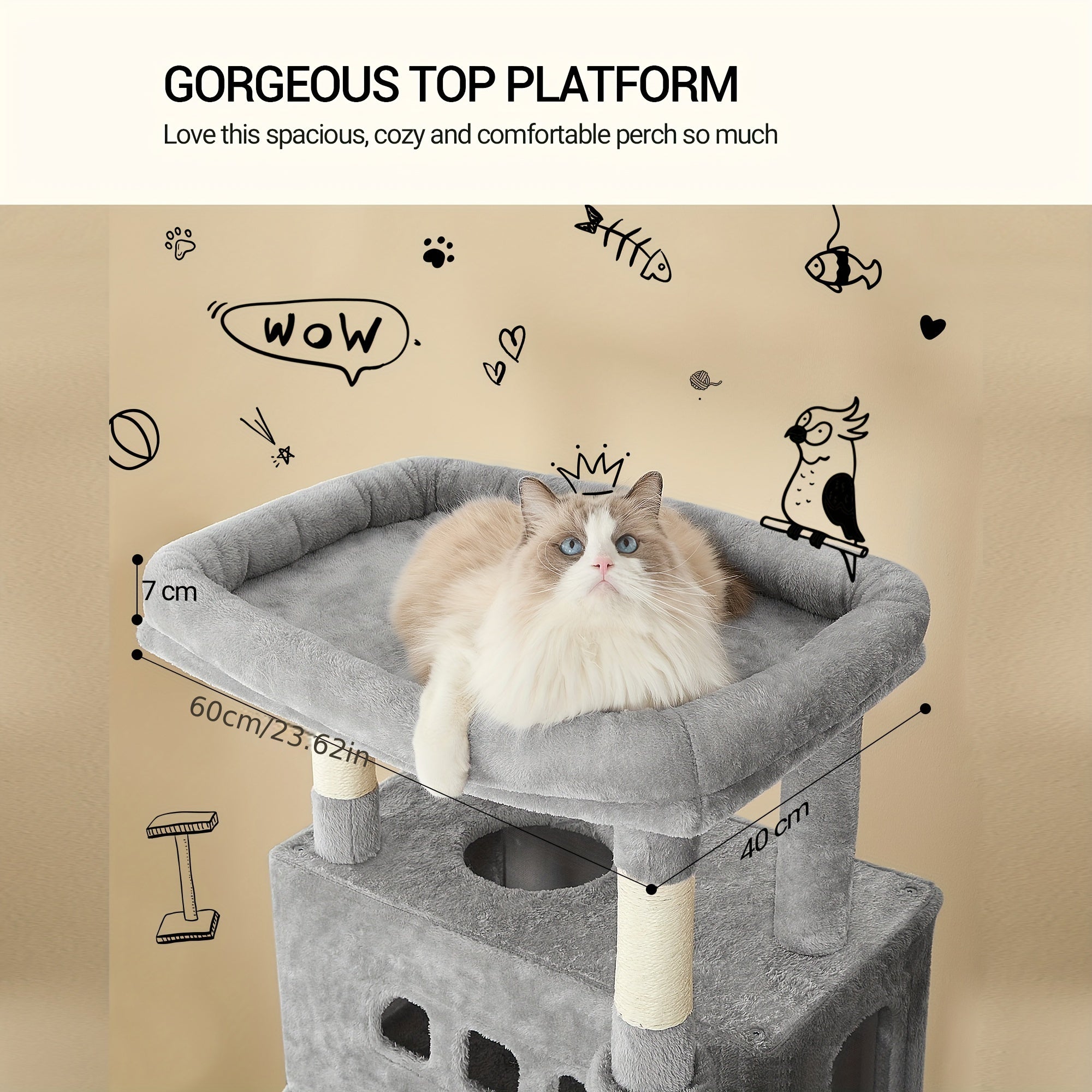 Árbol para Gatos de 210 cm con Cuevas y Hamaca - Color Gris Claro