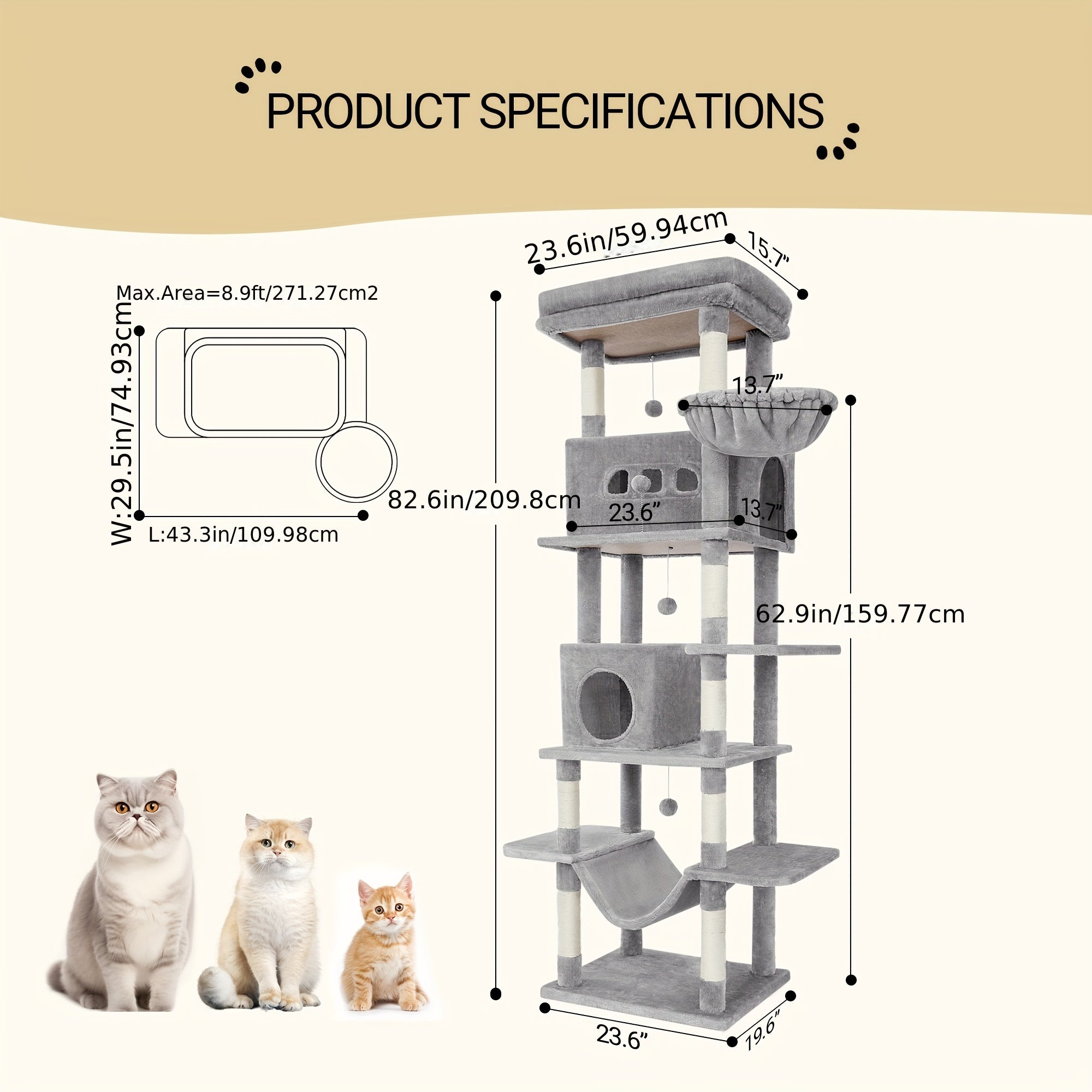 Árbol para Gatos de 210 cm con Cuevas y Hamaca - Color Gris Claro