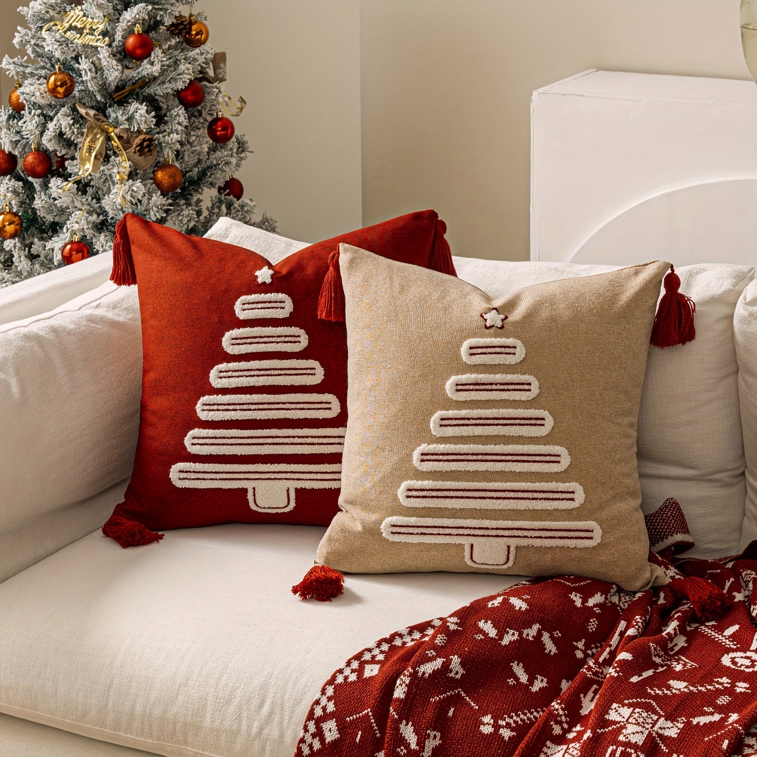 Funda de Cojín Bordada con Árbol de Navidad, 45x45 cm, Poliéster Suave