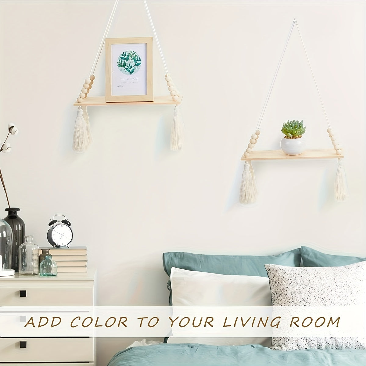 Estantería Colgante Boho de Madera con Macramé y Flecos