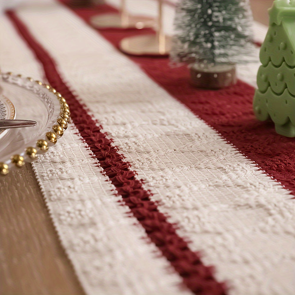 Camino de Mesa Rústico de Algodón-Lino con Borlas, Rojo Oscuro