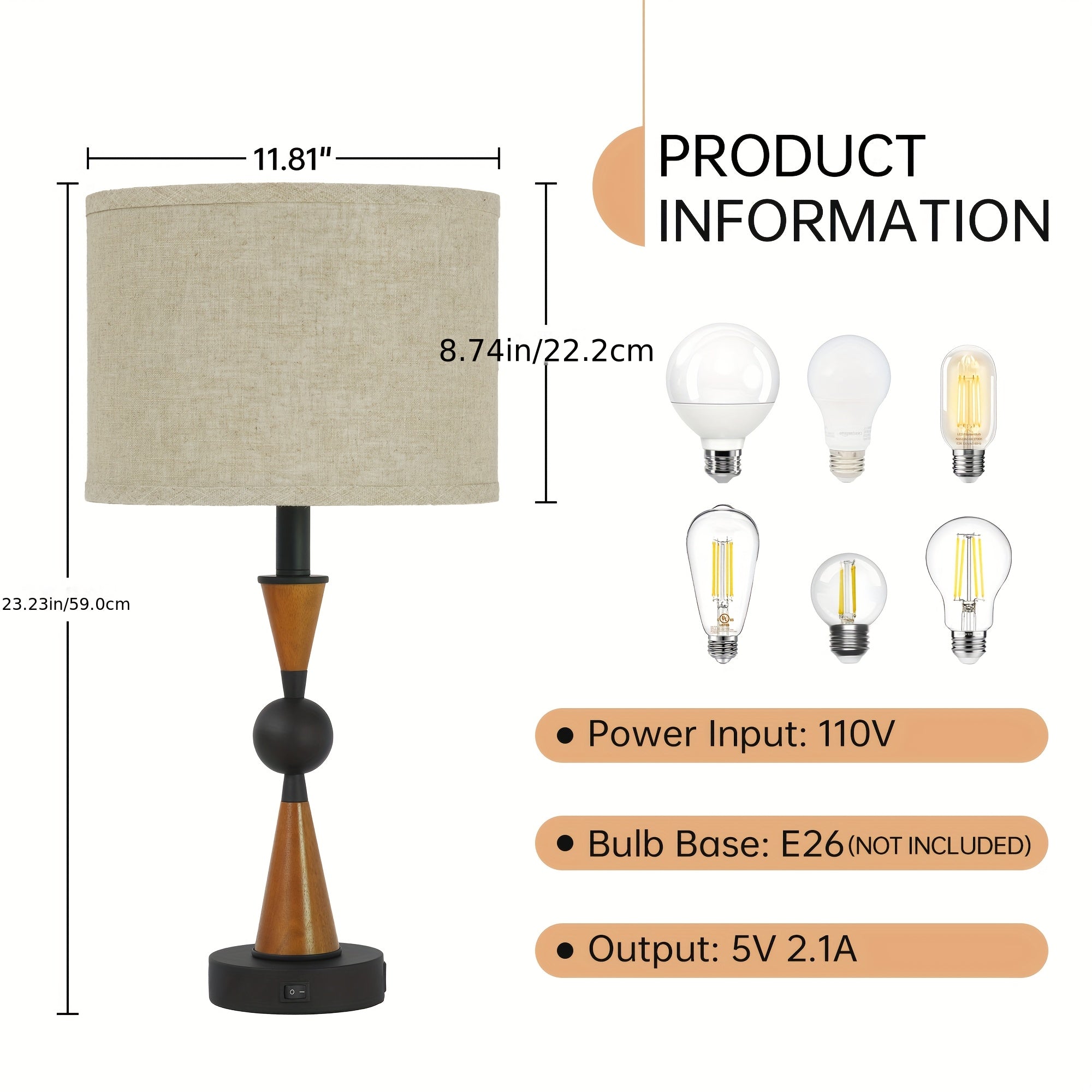 Lámpara de Mesa Doble USB-C y USB-A con Pantalla de Lino