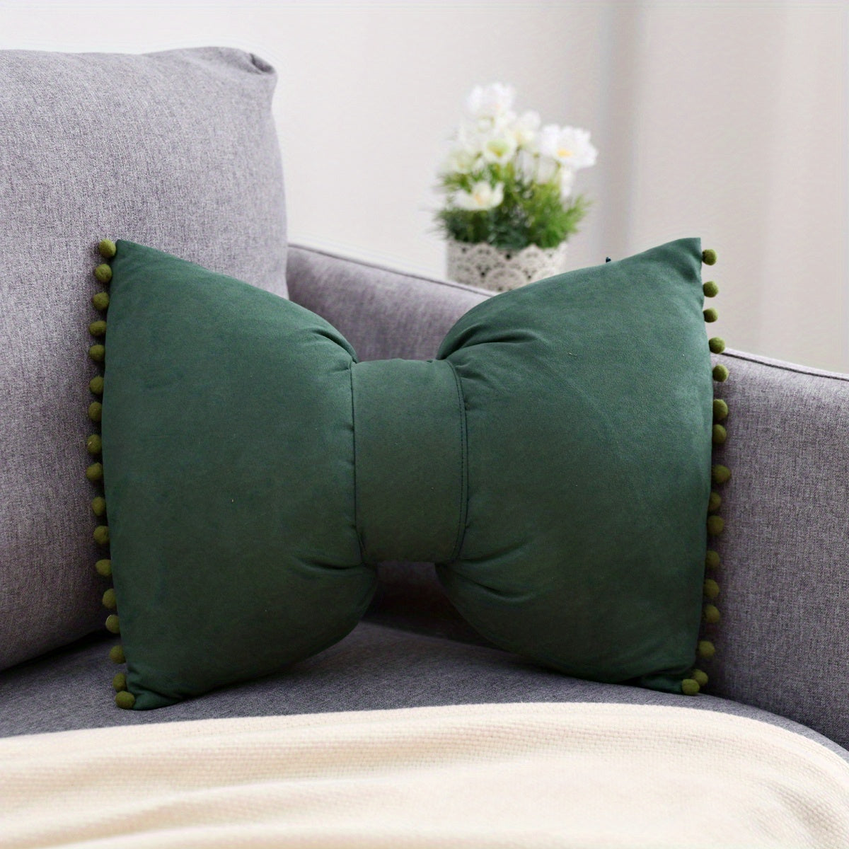 Funda de Cojín Suave con Lazo y Pom Pom de Poliéster