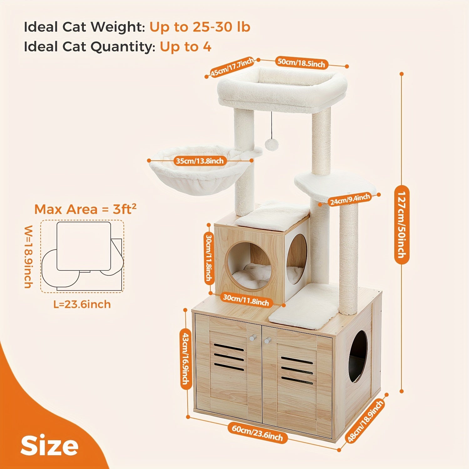 Árbol Rascador de Madera para Gatos con Caja de Arena y Hamaca