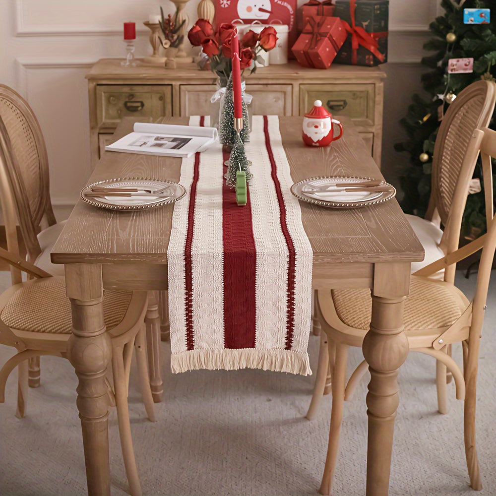 Camino de Mesa Rústico de Algodón-Lino con Borlas, Rojo Oscuro