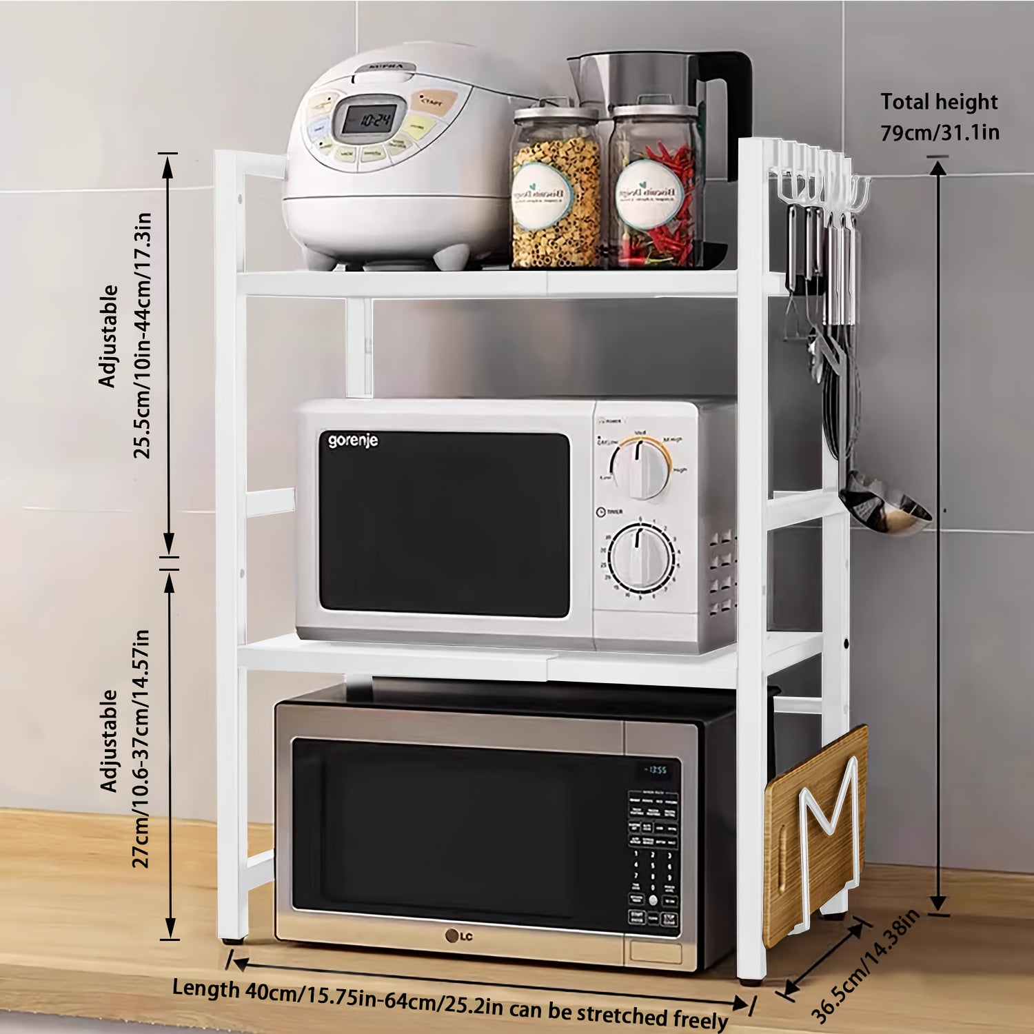 Estantería Extensible de Microondas con Ganchos y Toalleros