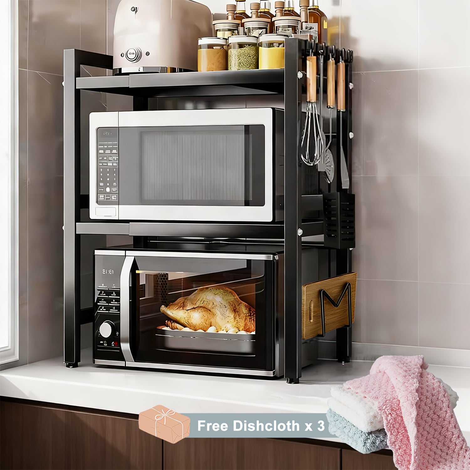 Estantería Extensible de Microondas con Ganchos y Toalleros