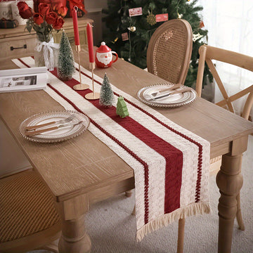 Camino de Mesa Rústico de Algodón-Lino con Borlas, Rojo Oscuro