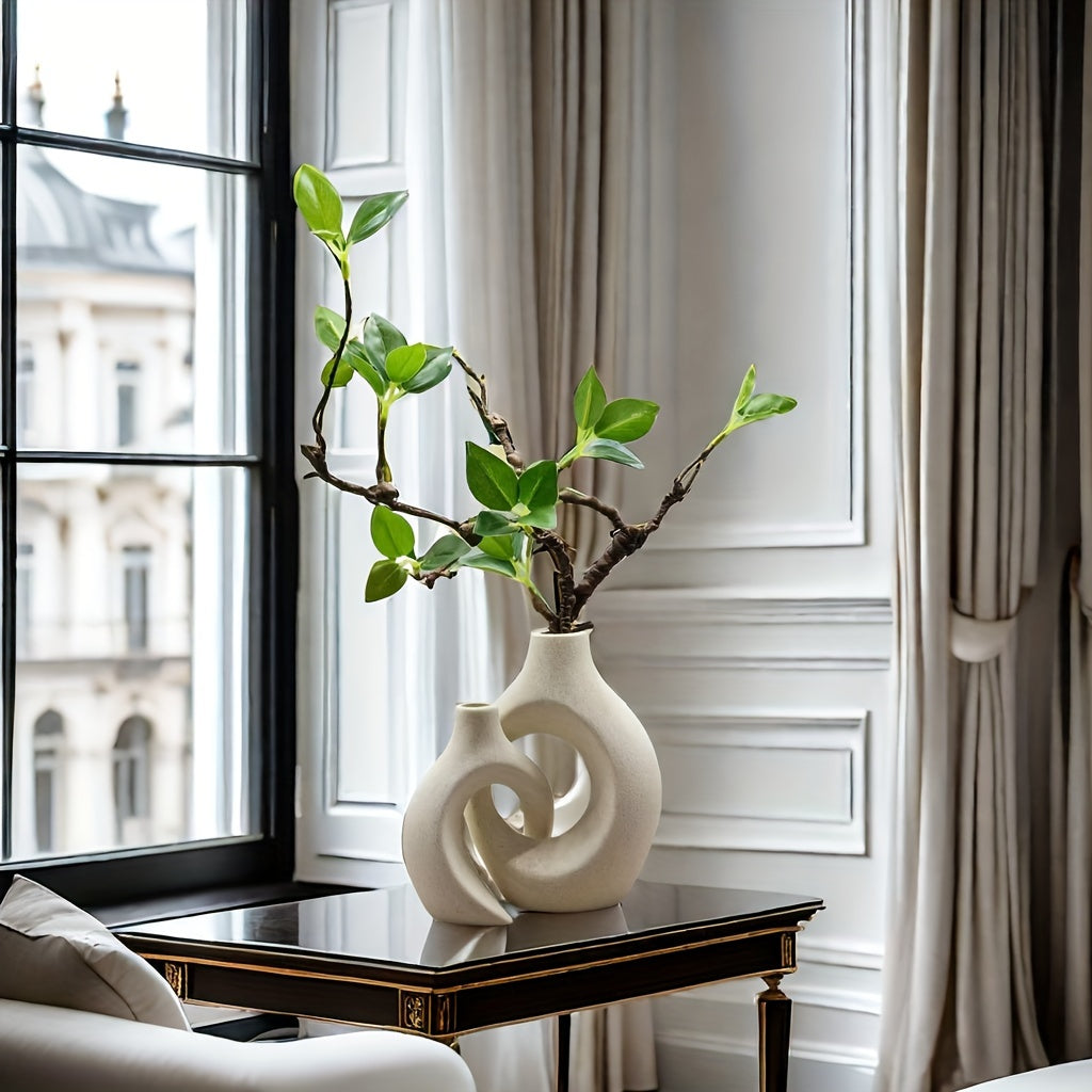 Jarrón Cerámico Rústico con Diseño Abstracto, Blanco y Gris