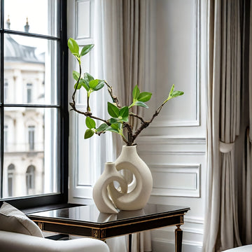 Jarrón Cerámico Rústico con Diseño Abstracto, Blanco y Gris