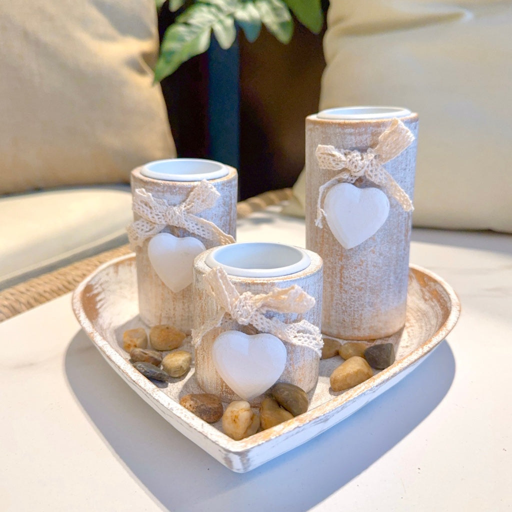 Set de Portavelas de Madera Blanca, Decoración Elegante para el Hogar