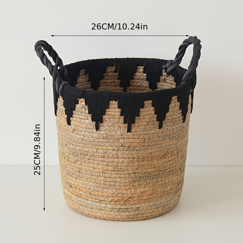 Cesta de Almacenaje Tejida a Mano con Asas Negras y Borlas Blancas