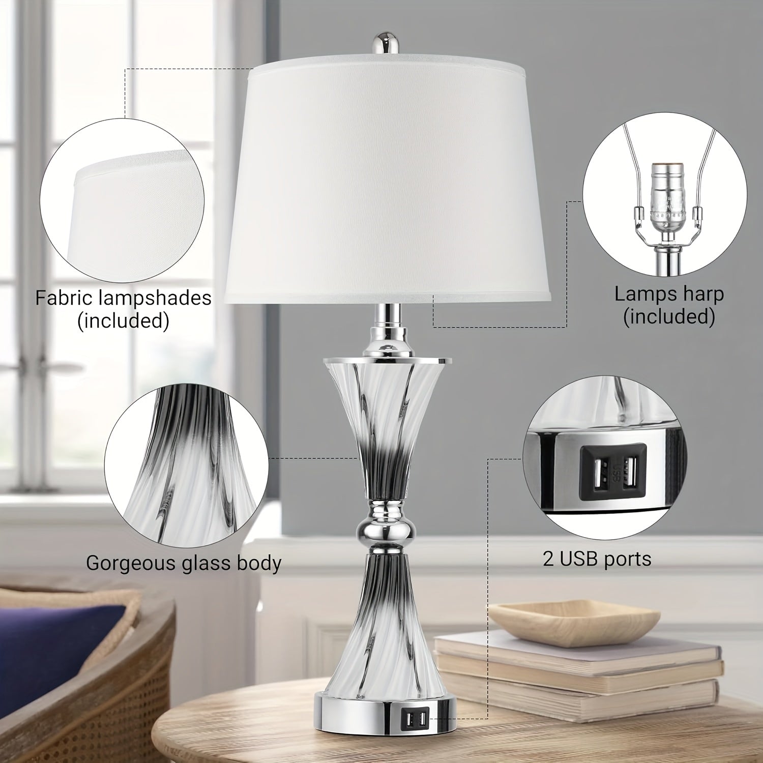 Lámparas de Mesa Táctiles Regulables con 2 Puertos USB, Set de 2