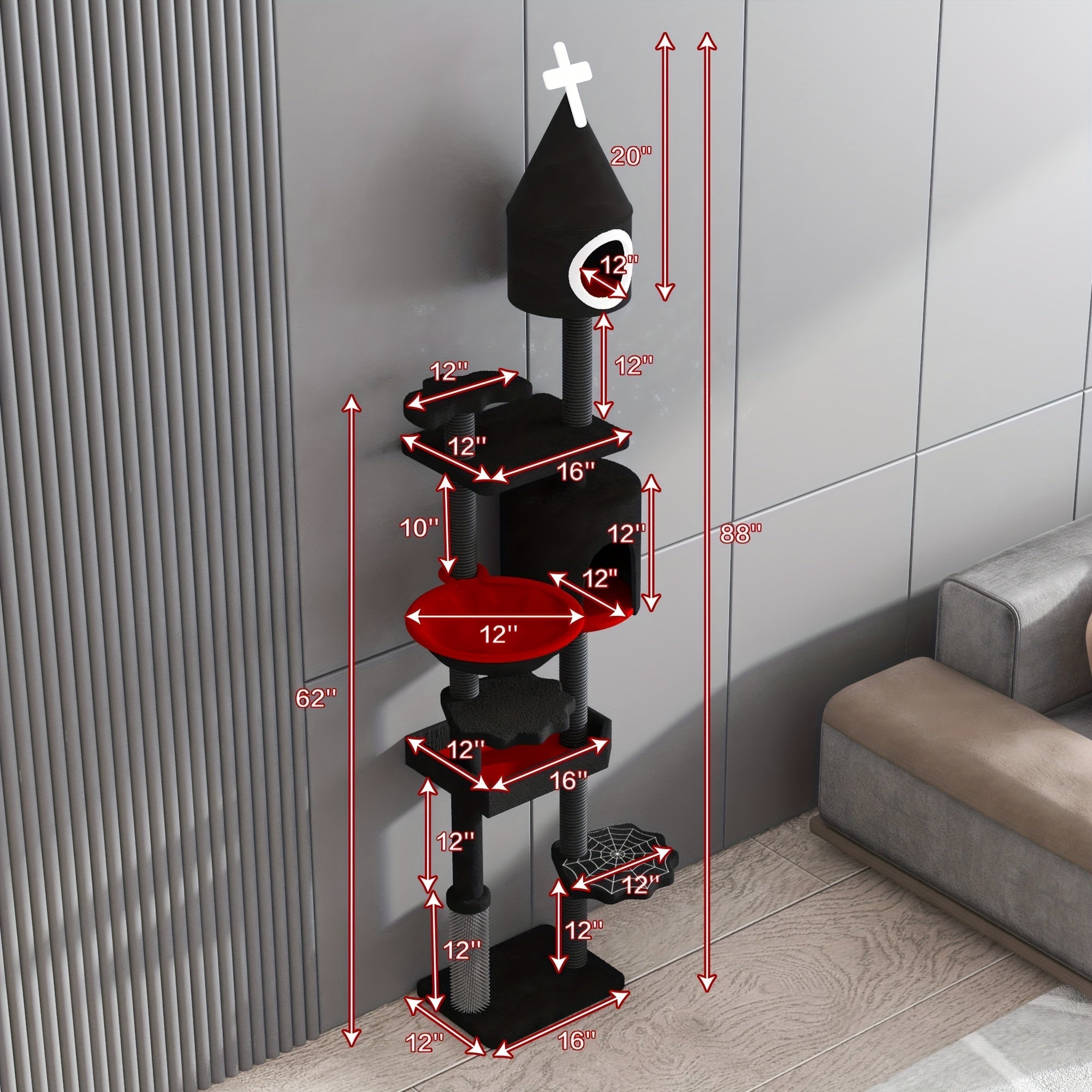 Árbol Rascador Gótico Grande para Gatos, 2 Niveles, Negro