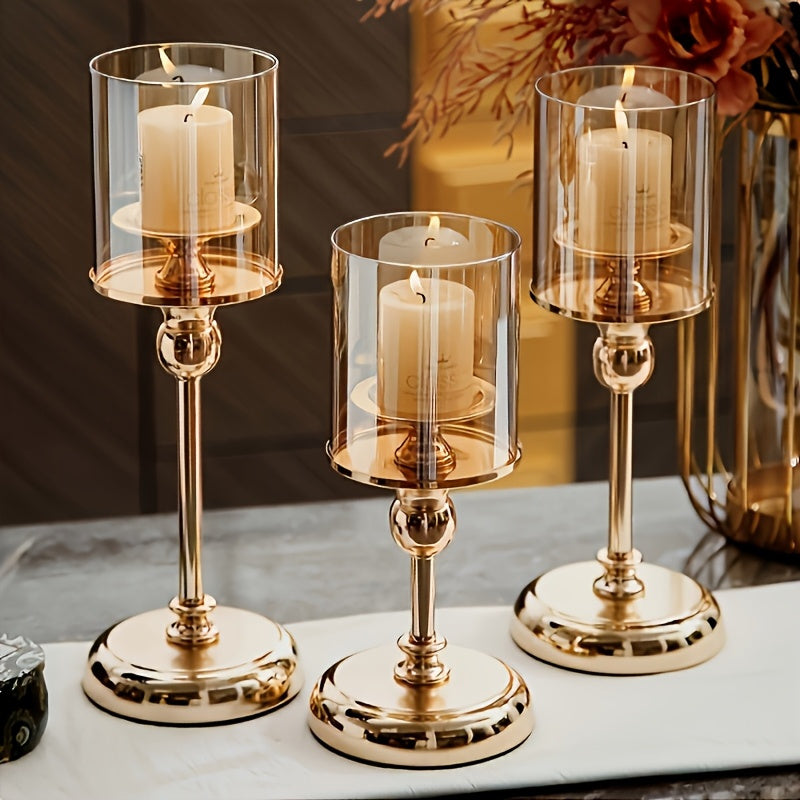 Set de 3 Elegantes Portavelas de Metal y Cristal - Decoración Romántica