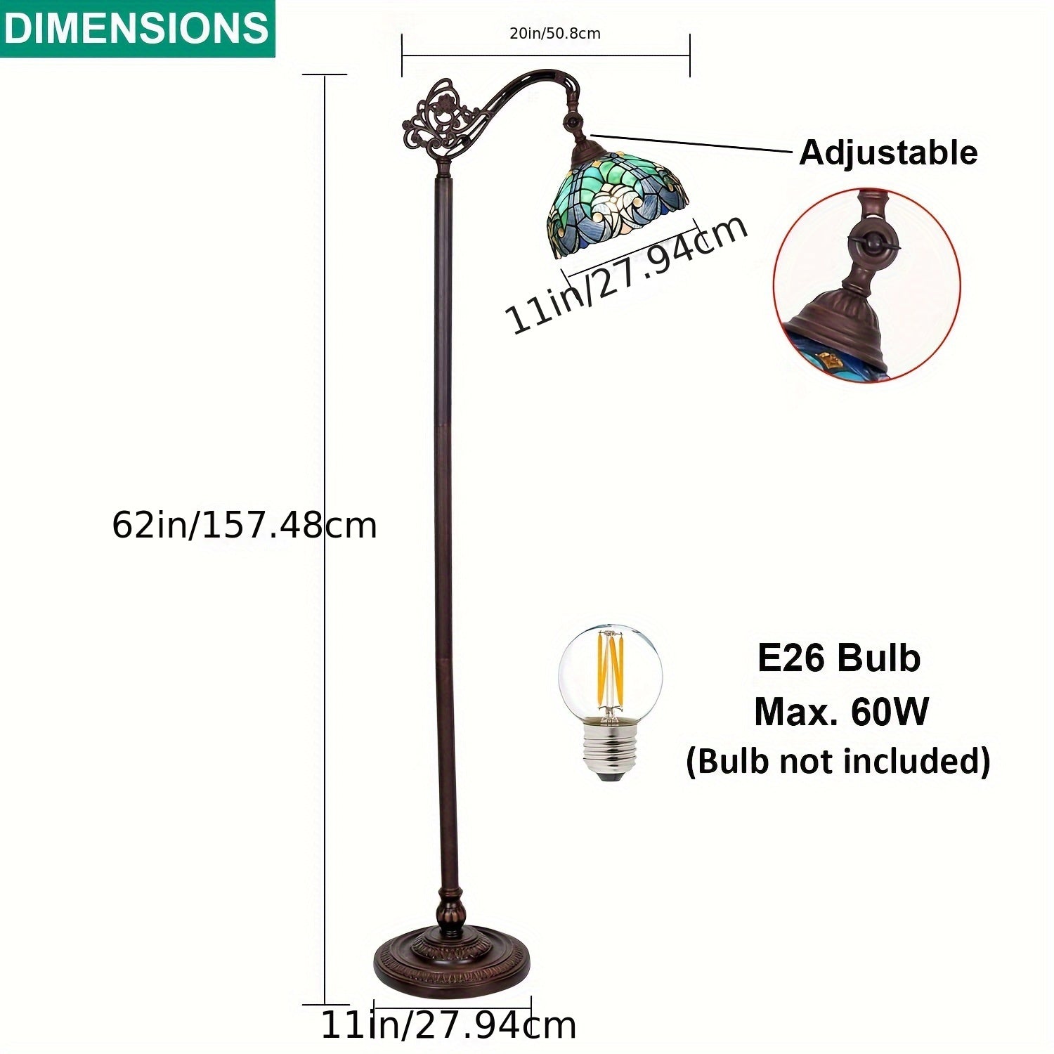 Lámpara de Pie Vintage con Pantalla de Cristal Satinado y Cuello Ajustable