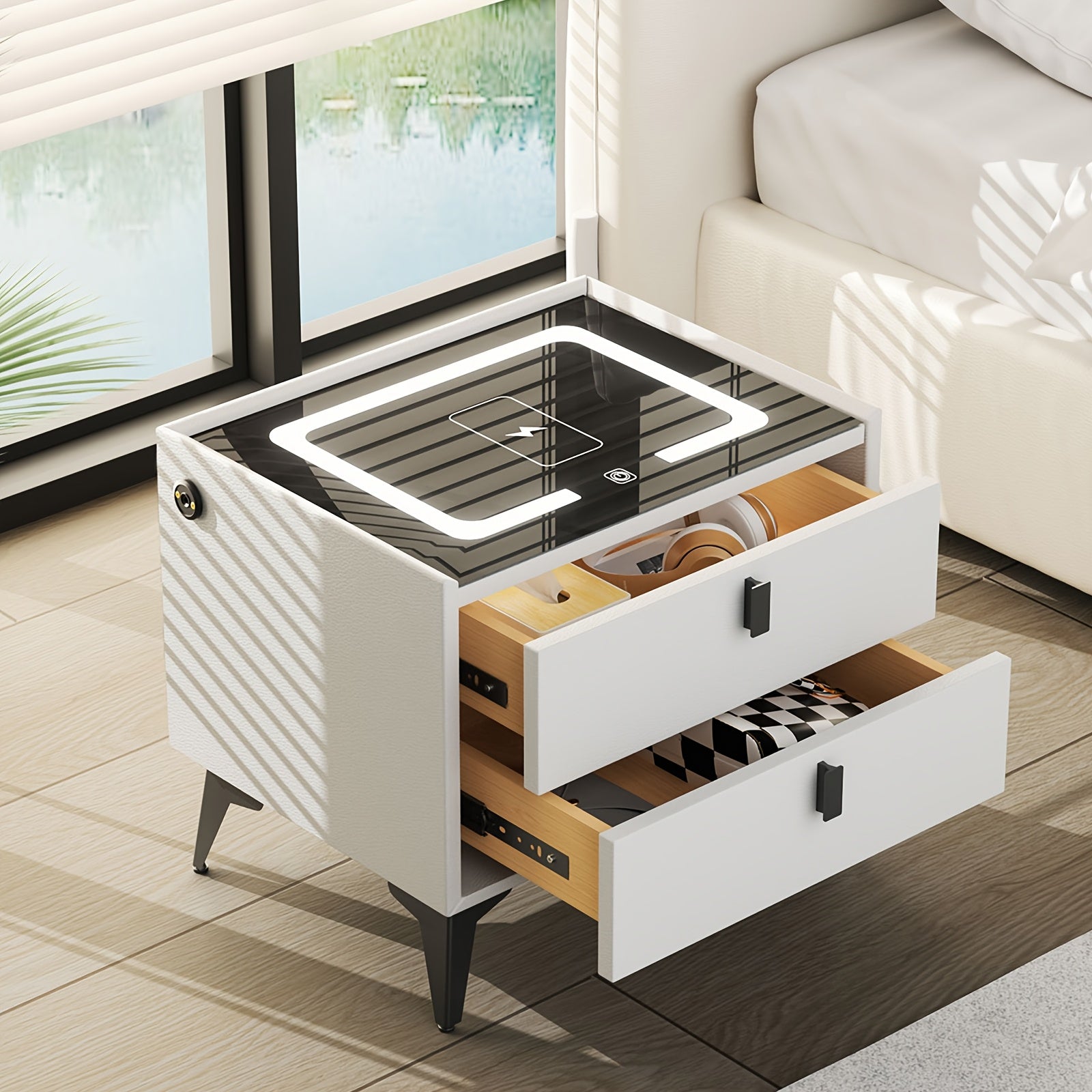 Mesita de Noche Inteligente con Carga Inalámbrica y Luz Regulable