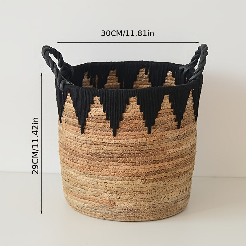 Cesta de Almacenaje Tejida a Mano con Asas Negras y Borlas Blancas