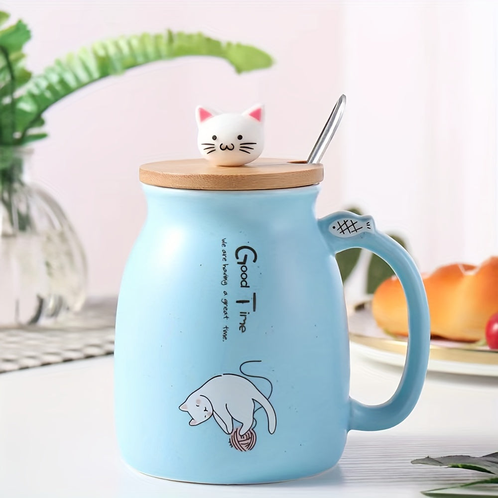 Taza de Cerámica con Tapa y Cuchara, 420ml, Diseño de Gato
