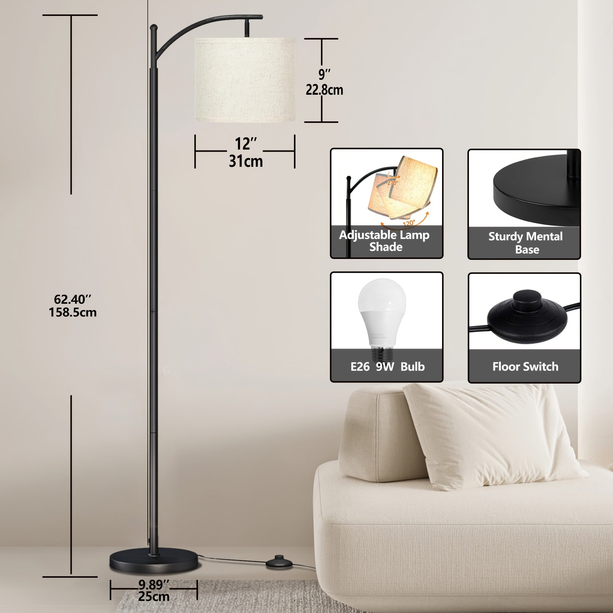 Lámpara de Pie LED con Pantalla Beige para Salón y Dormitorio - Negro