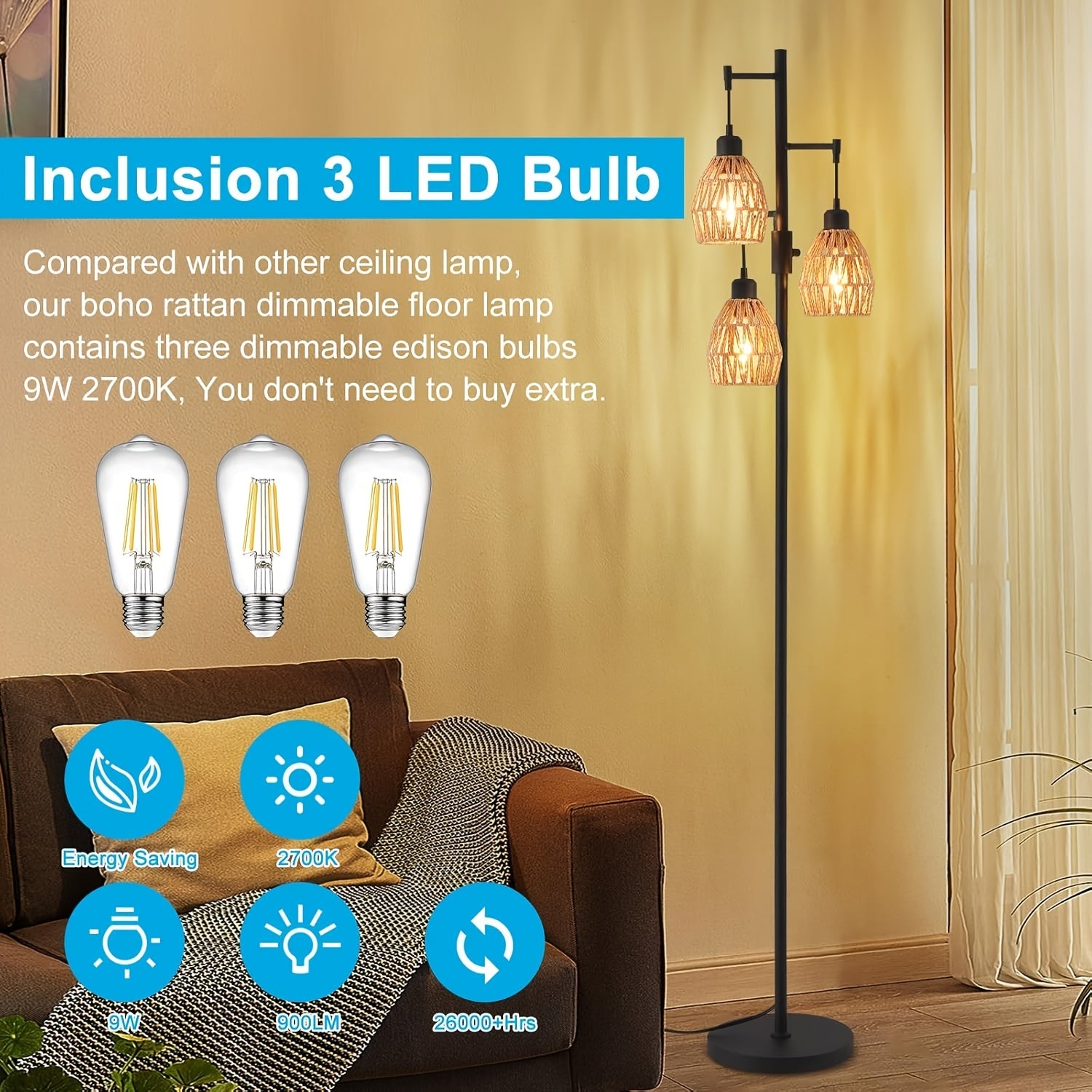 Lámpara de Pie Boho Rattan con Regulador de Intensidad