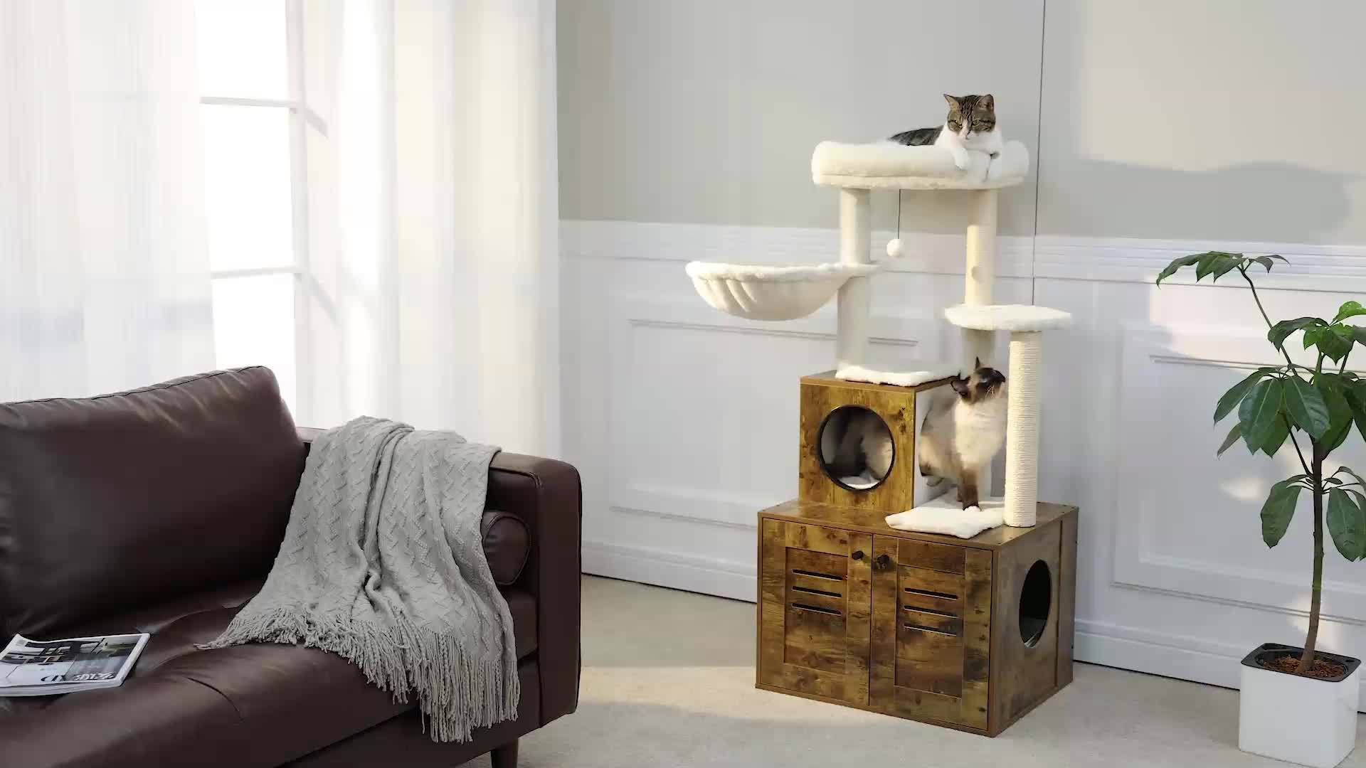 Árbol Rascador de Madera para Gatos con Caja de Arena y Hamaca