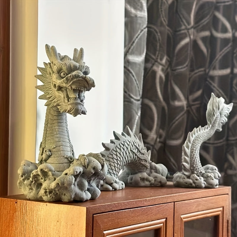 Set de 3 Dragones de Piedra Tallada para Decoración de Hogar y Oficina