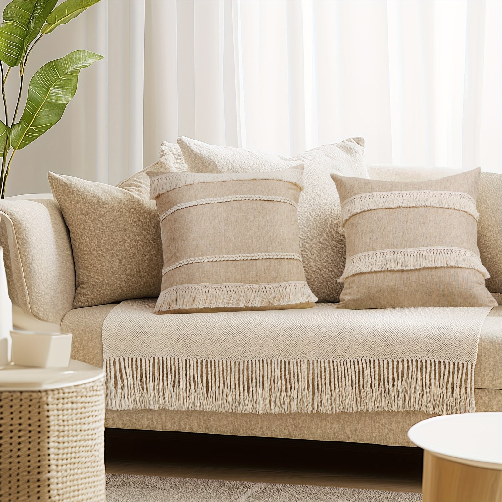 Juego de 4 Fundas de Cojín Beige de Lino Rústico para Sofá y Cama