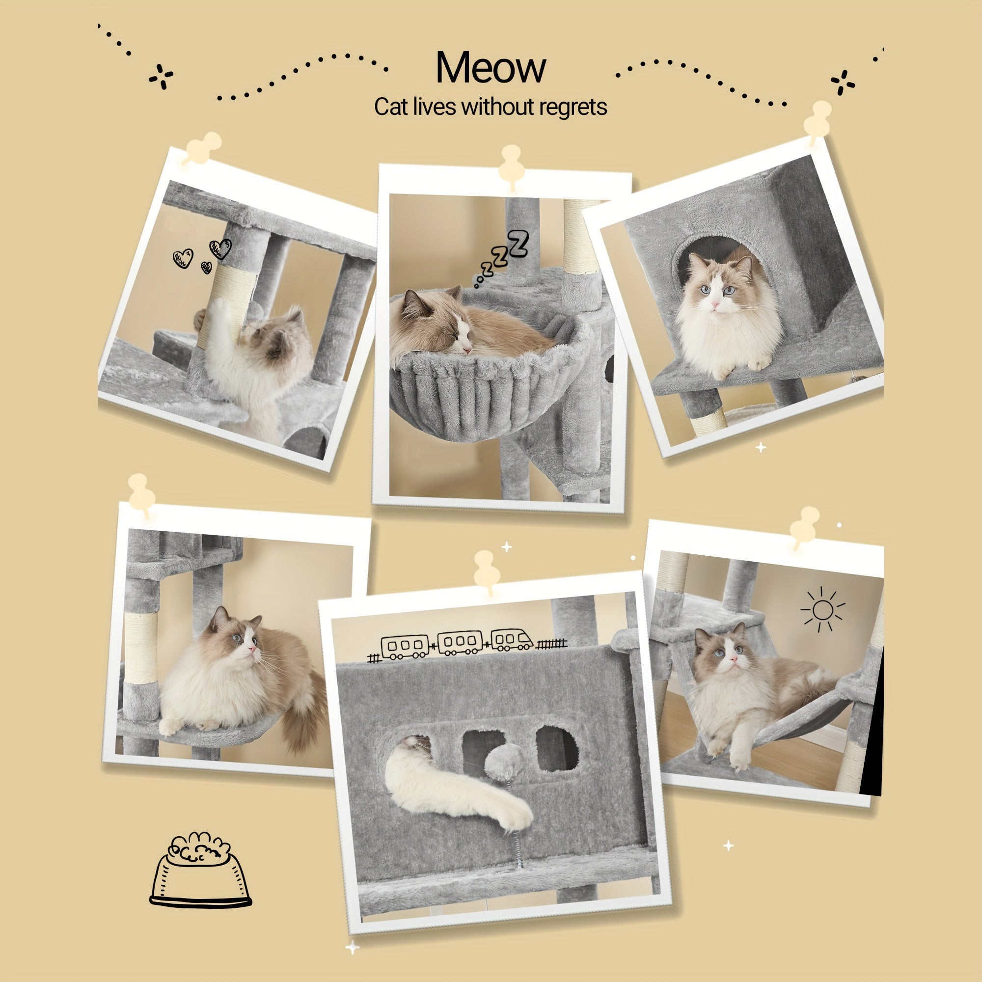 Árbol para Gatos de 210 cm con Cuevas y Hamaca - Color Gris Claro