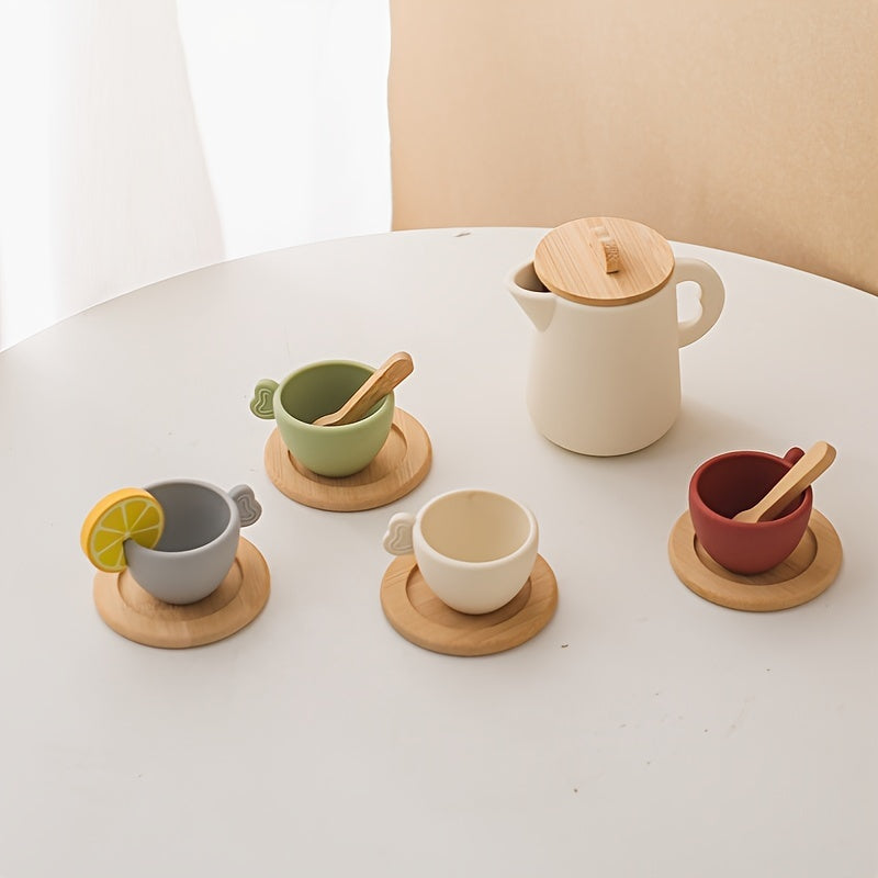 Set de Té de Silicona para Niños 3+ con Tetera y Tazas de Madera