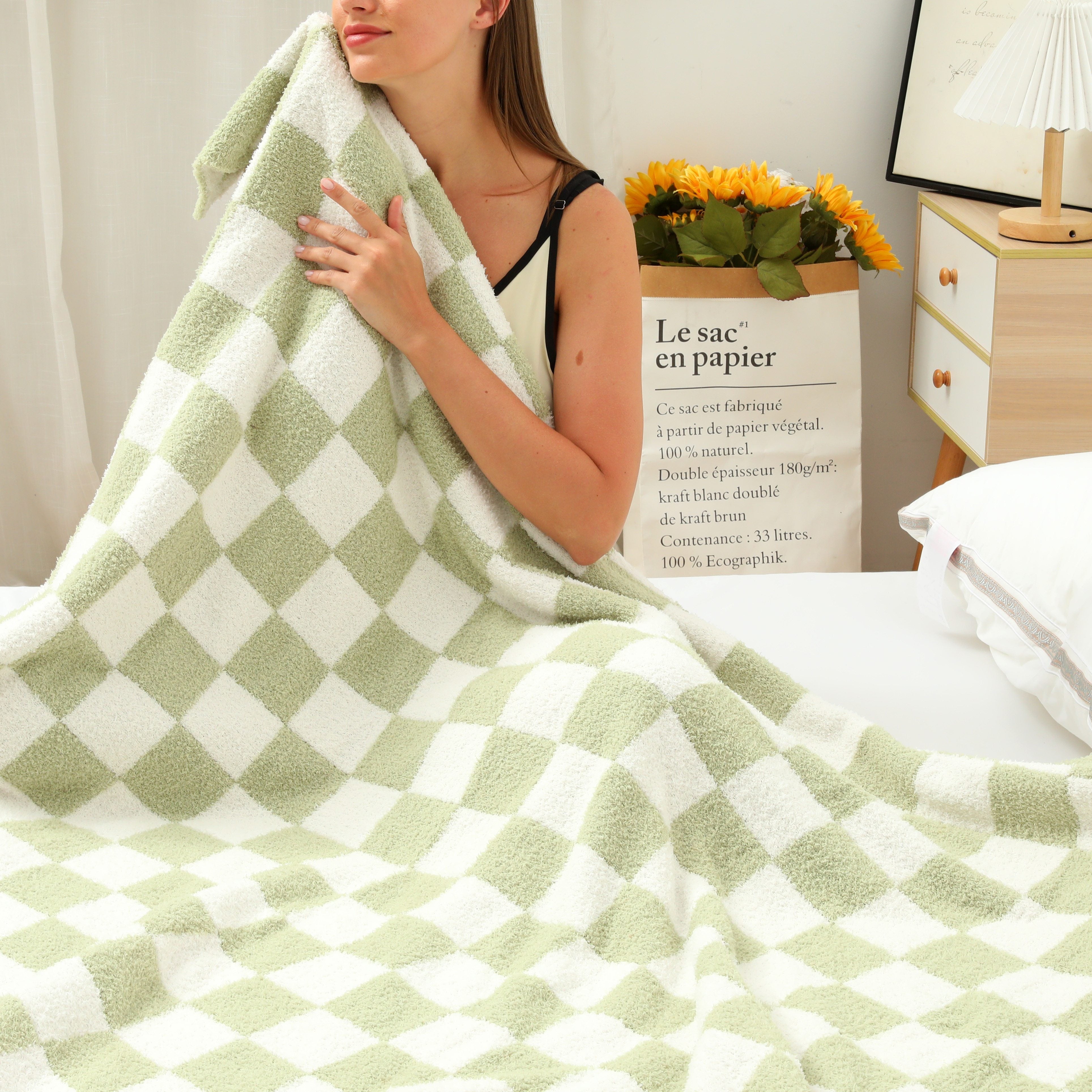 Manta Cuadros de Microfibra Suave para Cama Queen, Rosa