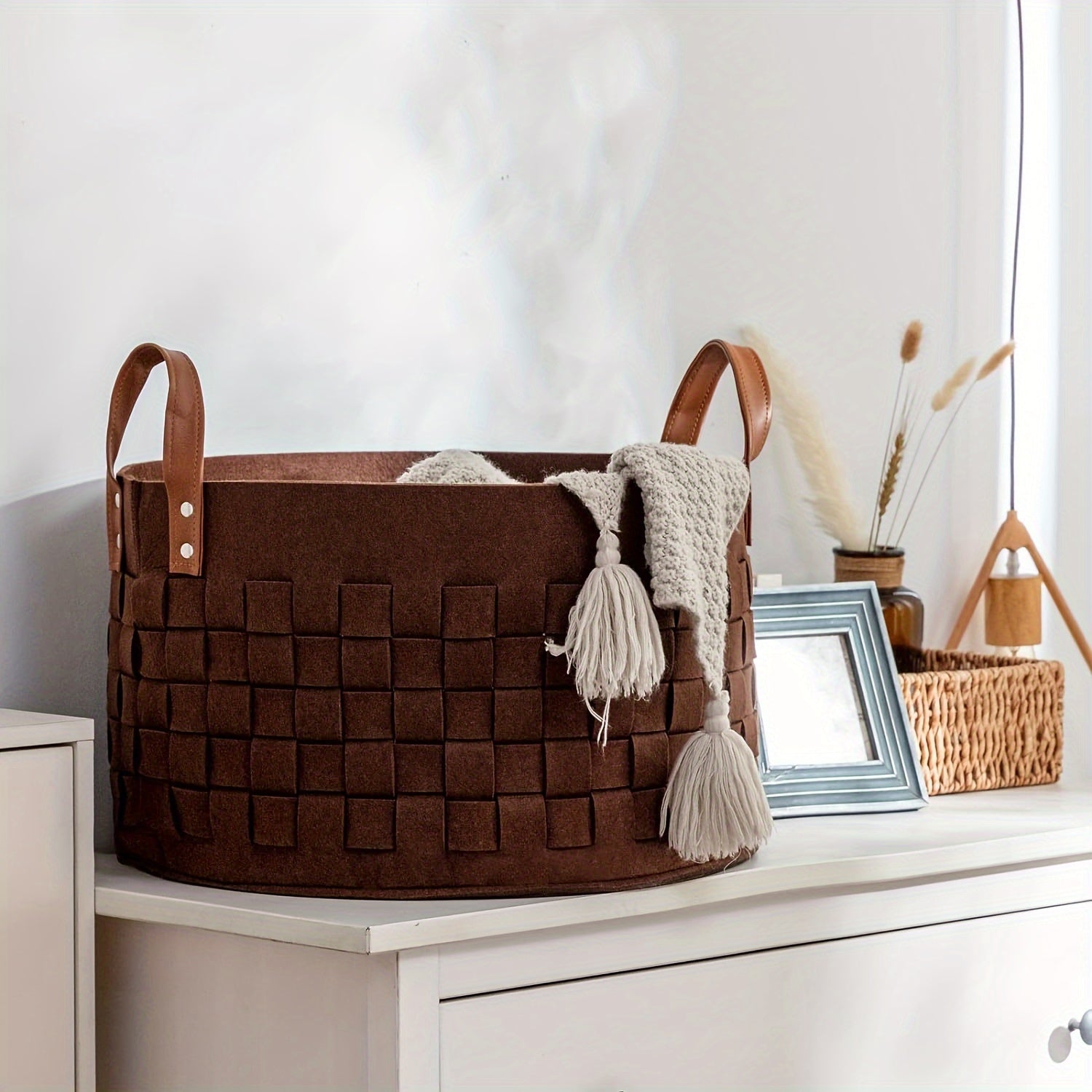 Cesto de Lavandería Grande de Fieltro con Asas de Piel Sintética