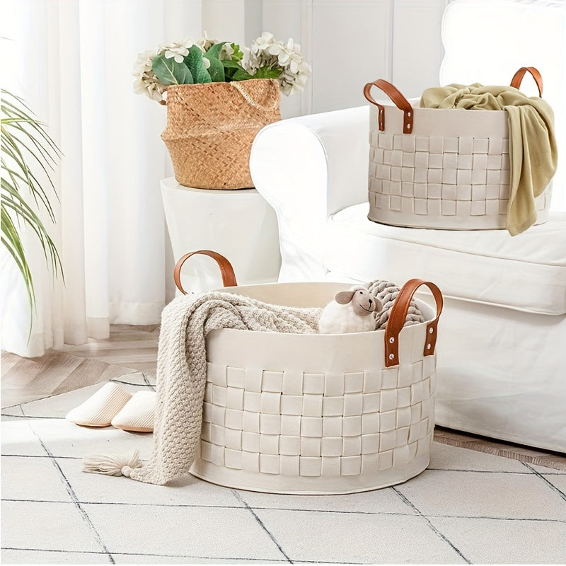 Cesto de Lavandería Grande de Fieltro con Asas de Piel Sintética
