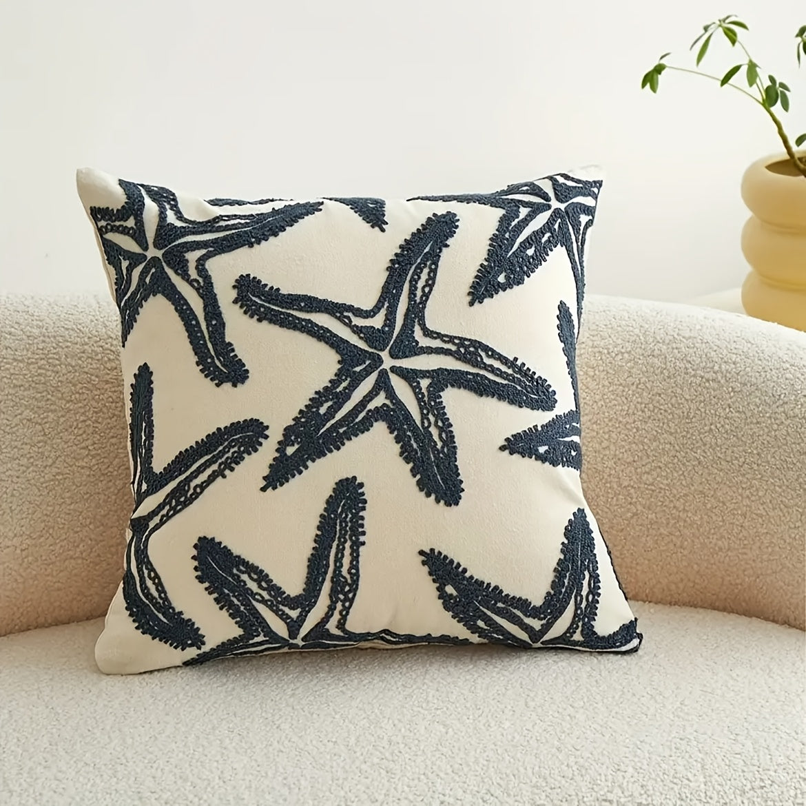 Funda de Cojín Decorativa Estilo Rústico con Bordado de Estrella de Mar