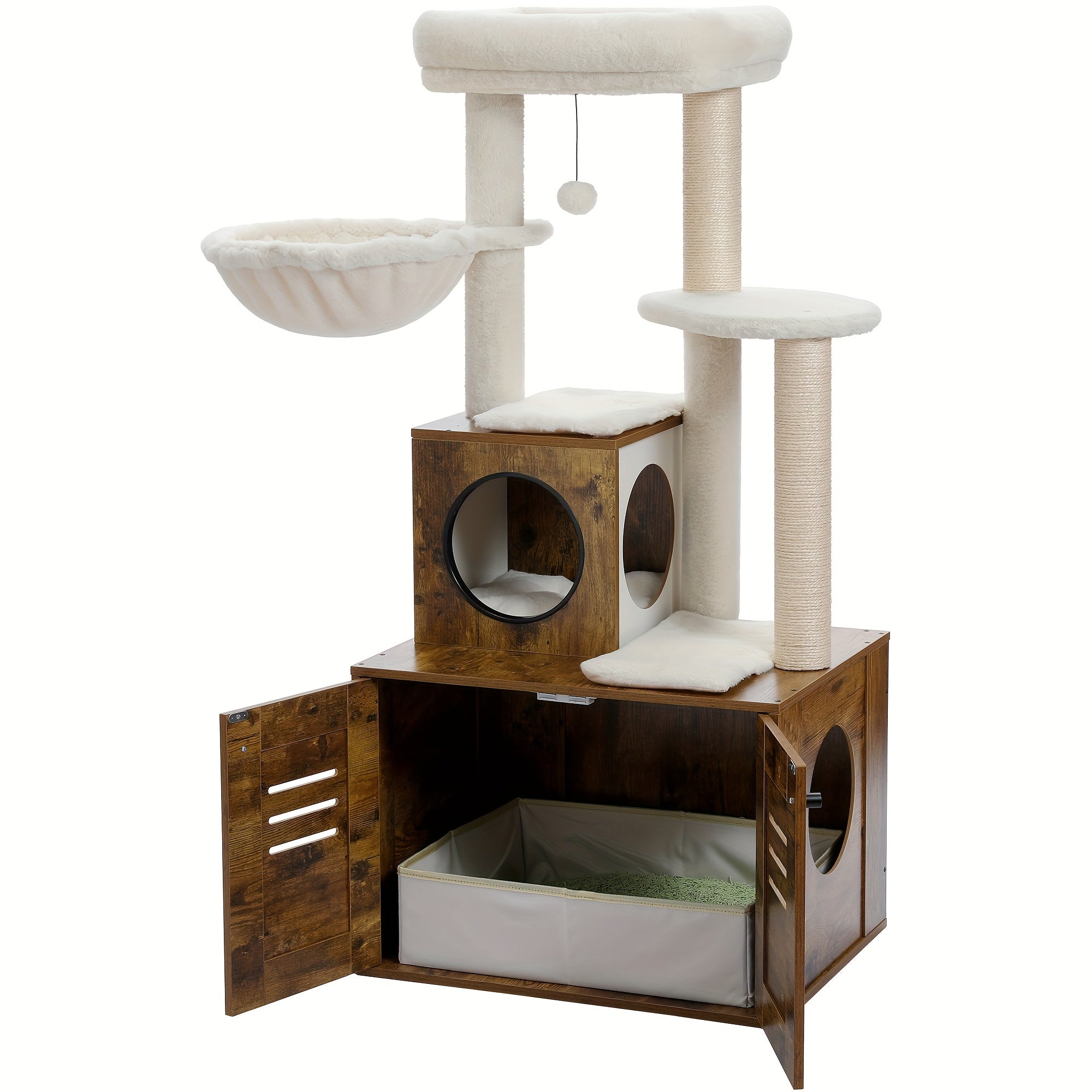 Árbol Rascador de Madera para Gatos con Caja de Arena y Hamaca