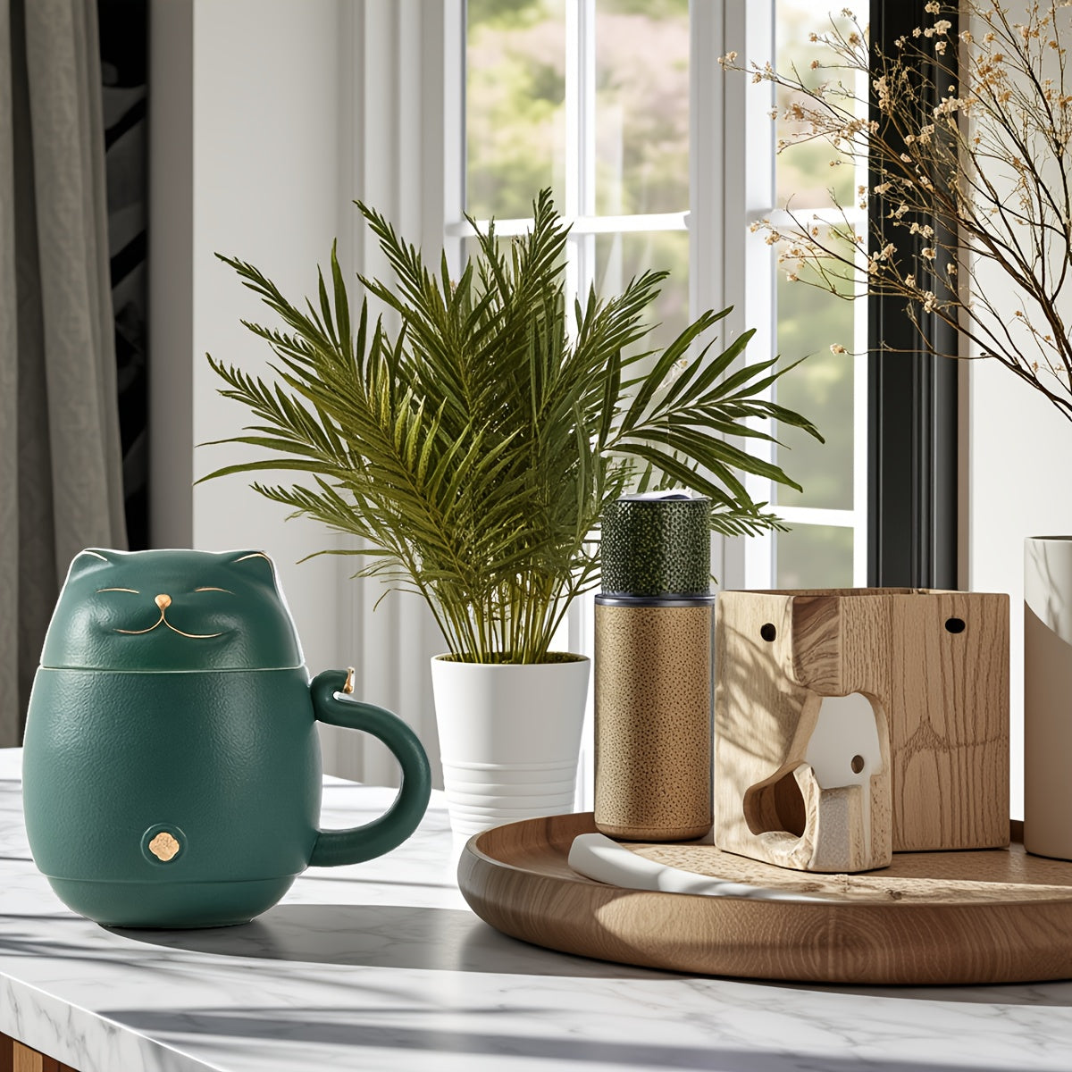 Taza de Té de Cerámica con Infusor y Tapa, Diseño de Gato