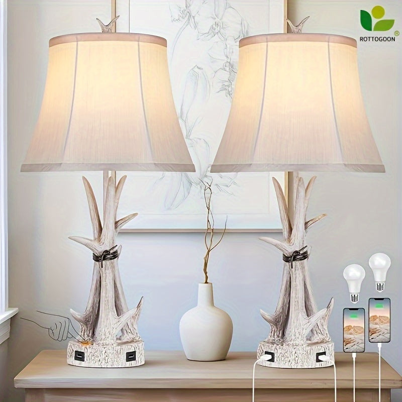 Lámparas de Mesa con Puertos USB, Estilo Rústico (Blanco)