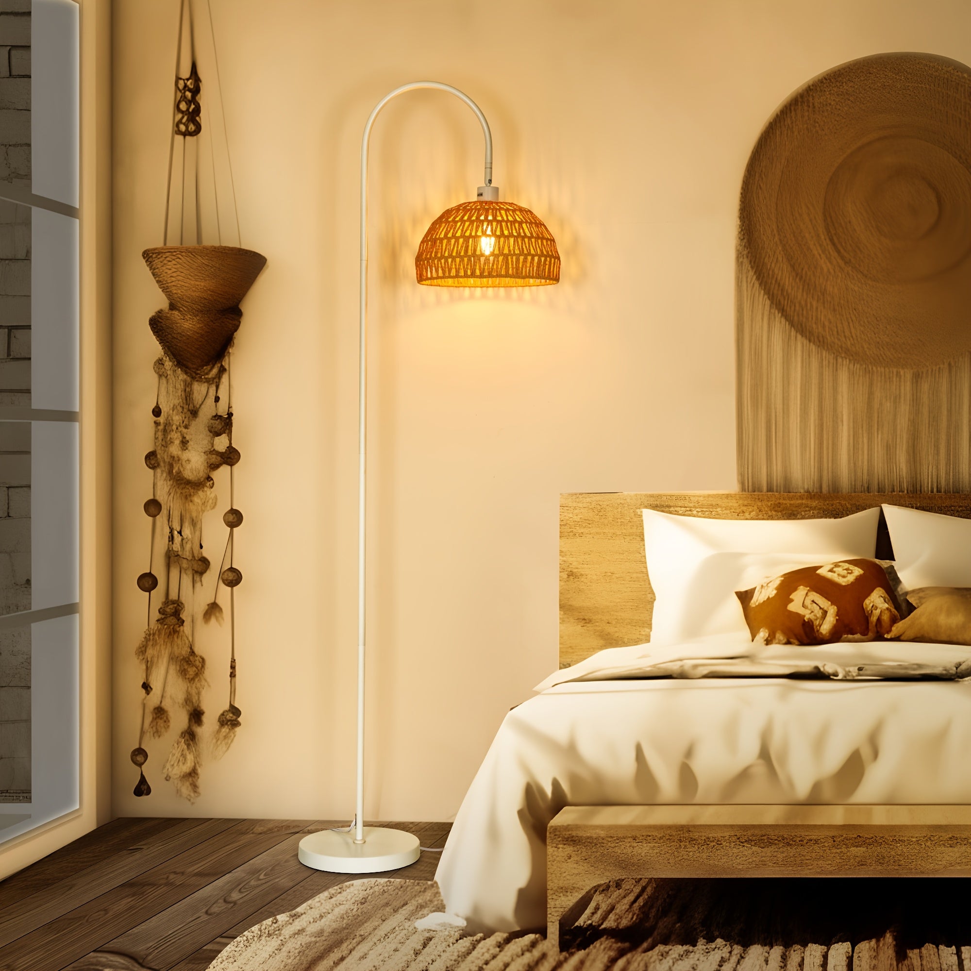 Lámpara de Pie Boho con Pantalla de Ratán Natural