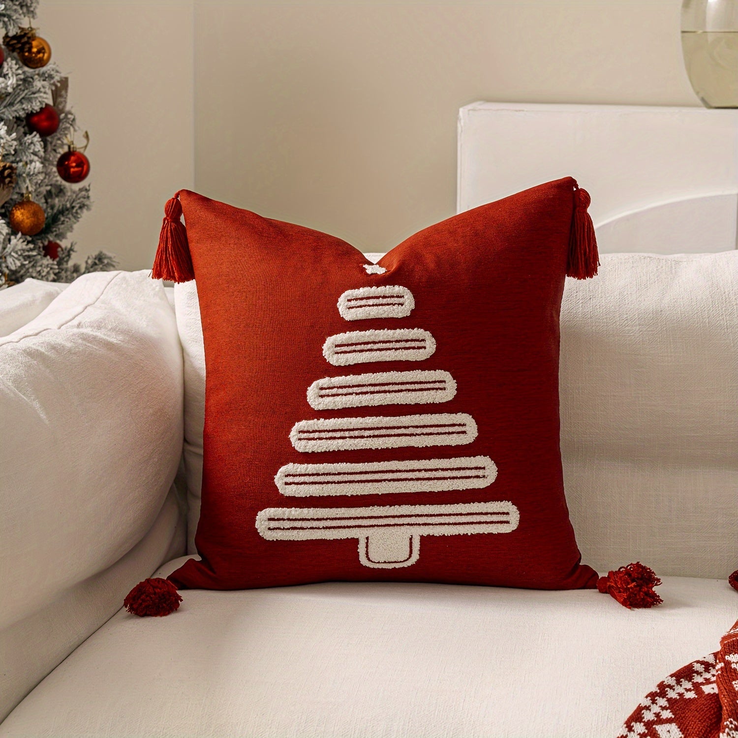 Funda de Cojín Bordada con Árbol de Navidad, 45x45 cm, Poliéster Suave