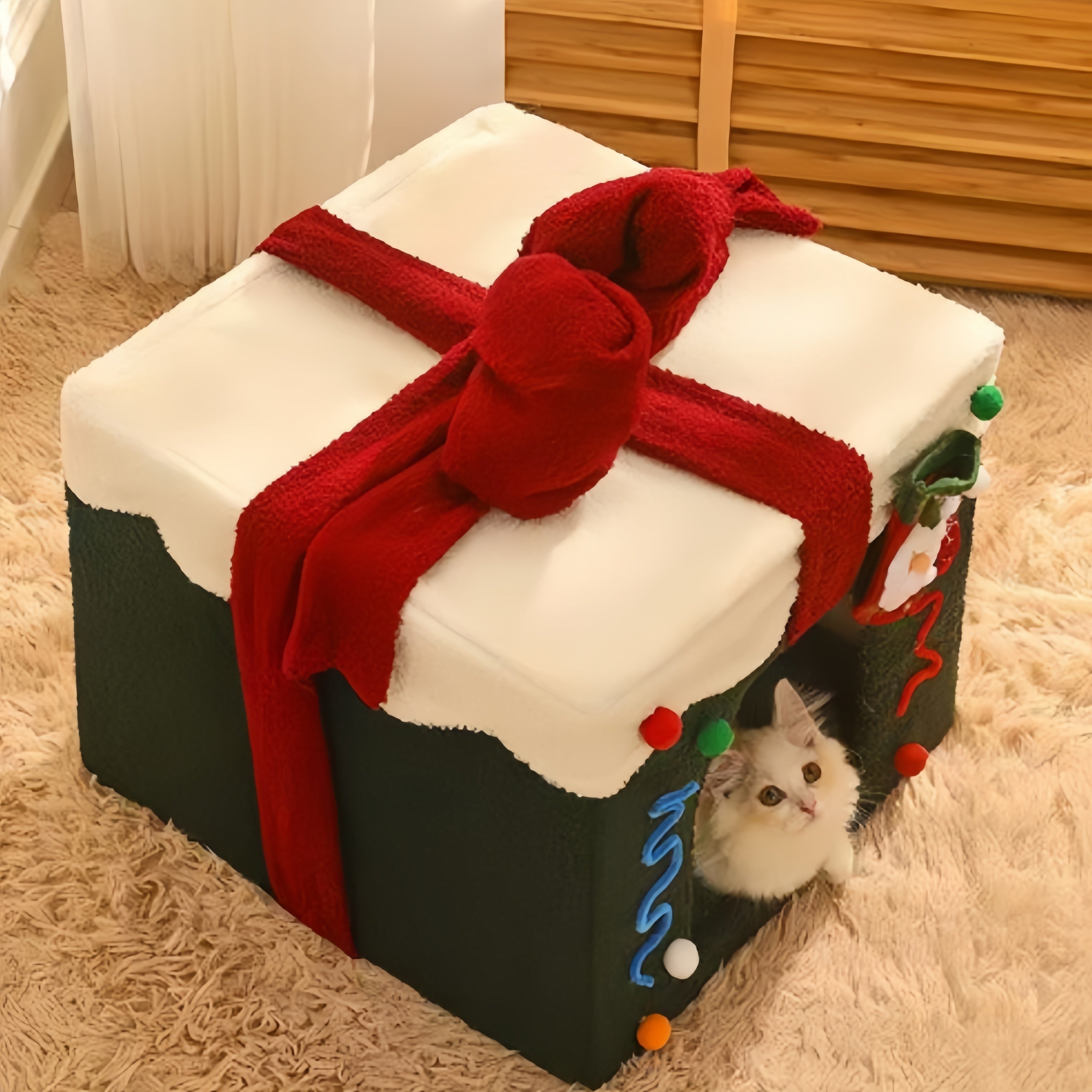 Cama Navideña para Mascotas - Acogedor Nido de Poliéster para Gatos y Perros Pequeños