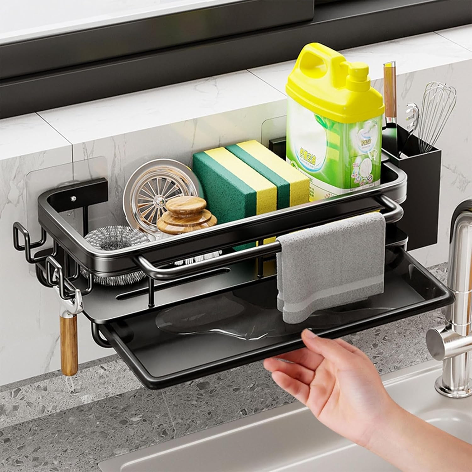 Organizador Metálico Bajo Fregadero con Estante Ajustable y Ganchos
