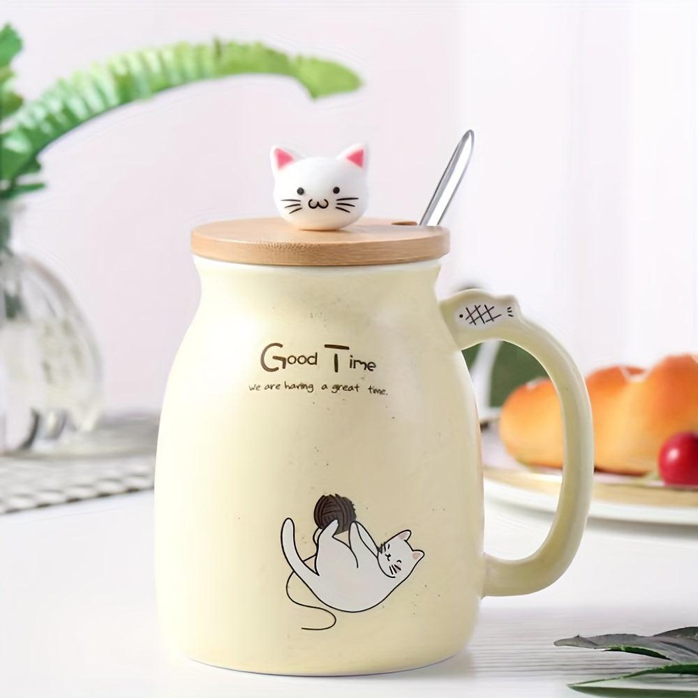 Taza de Cerámica con Tapa y Cuchara, 420ml, Diseño de Gato