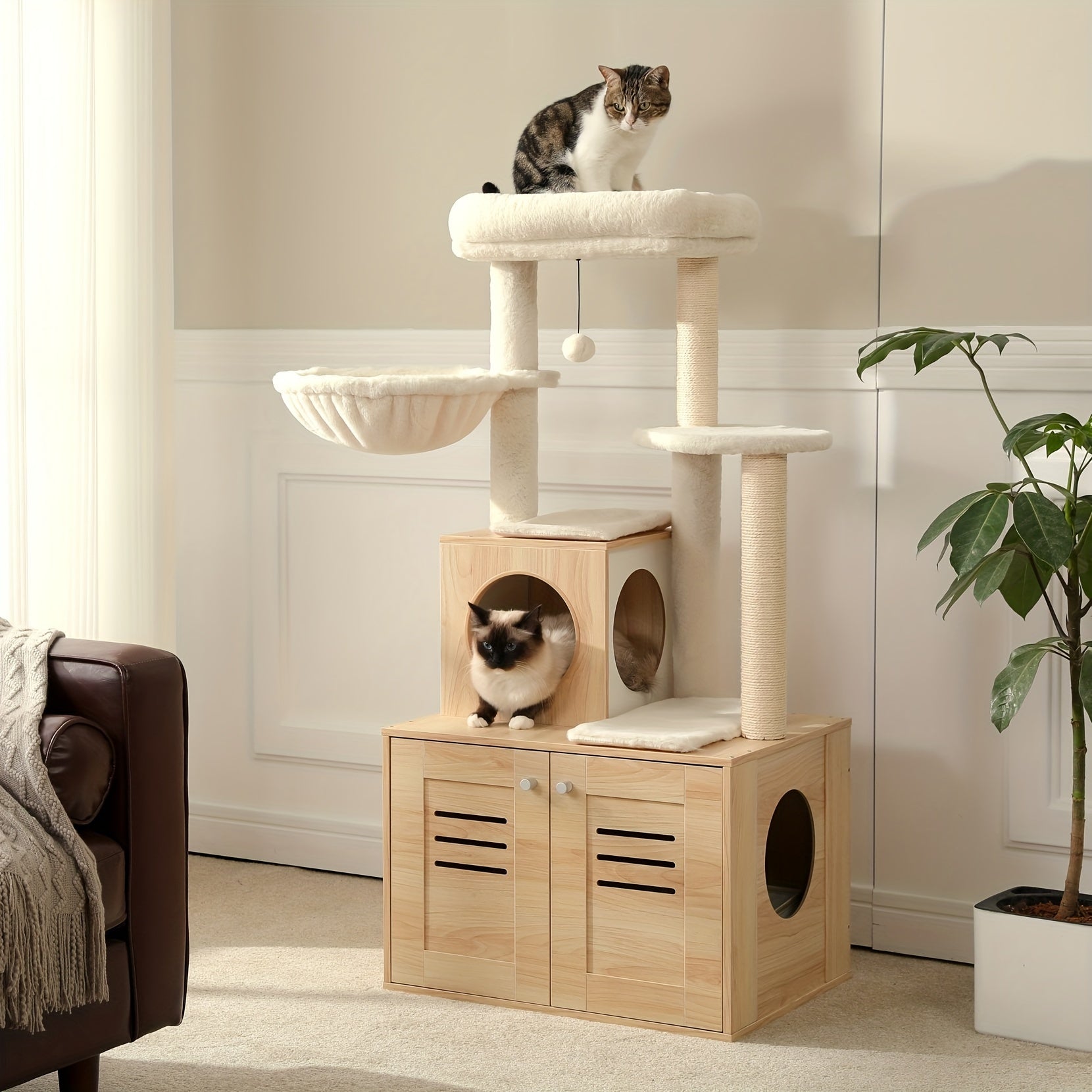 Árbol Rascador de Madera para Gatos con Caja de Arena y Hamaca